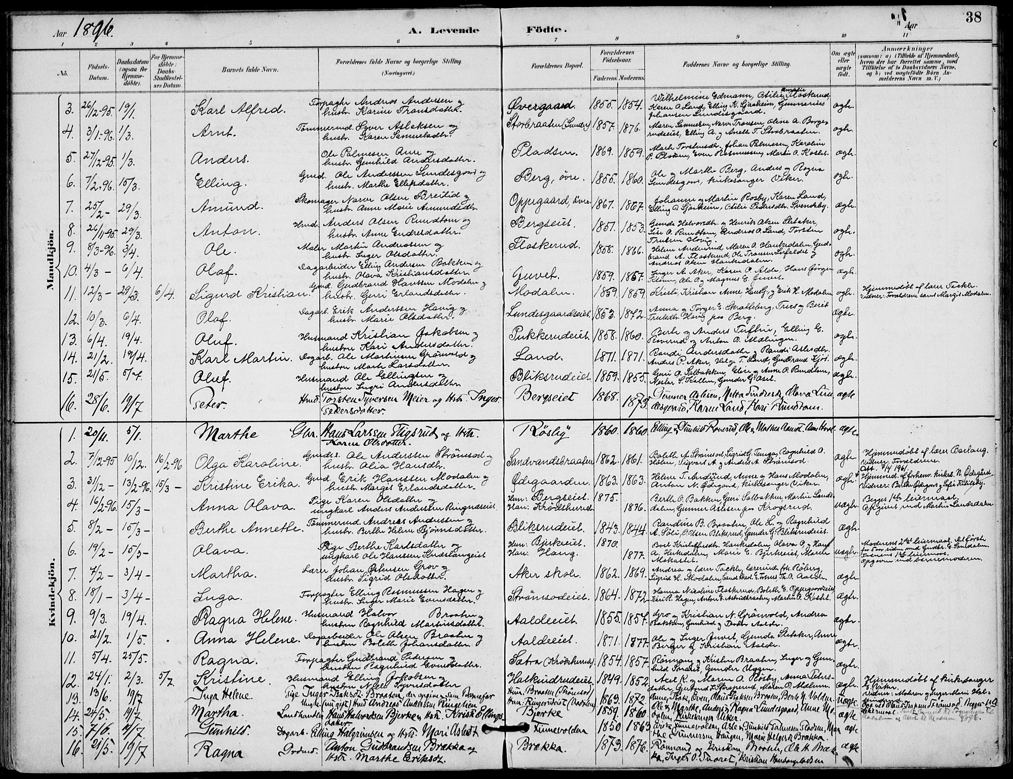 Lunder kirkebøker, AV/SAKO-A-629/F/Fa/L0001: Parish register (official) no. I 1, 1885-1912, p. 38