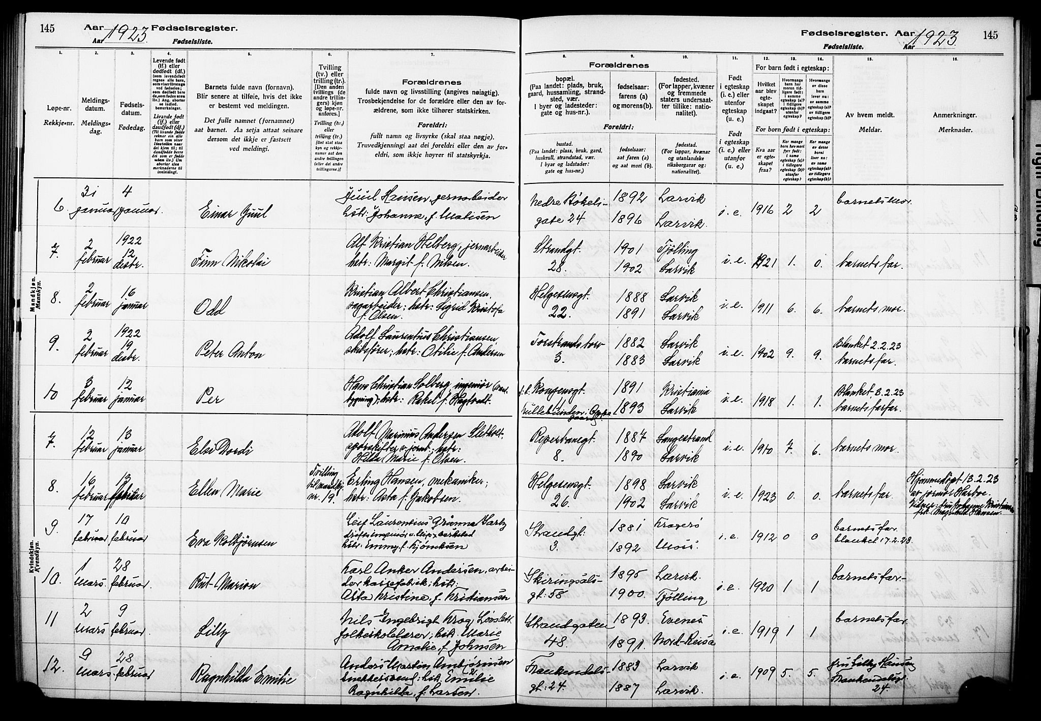 Larvik kirkebøker, AV/SAKO-A-352/J/Ja/L0001: Birth register no. I 1, 1916-1926, p. 145