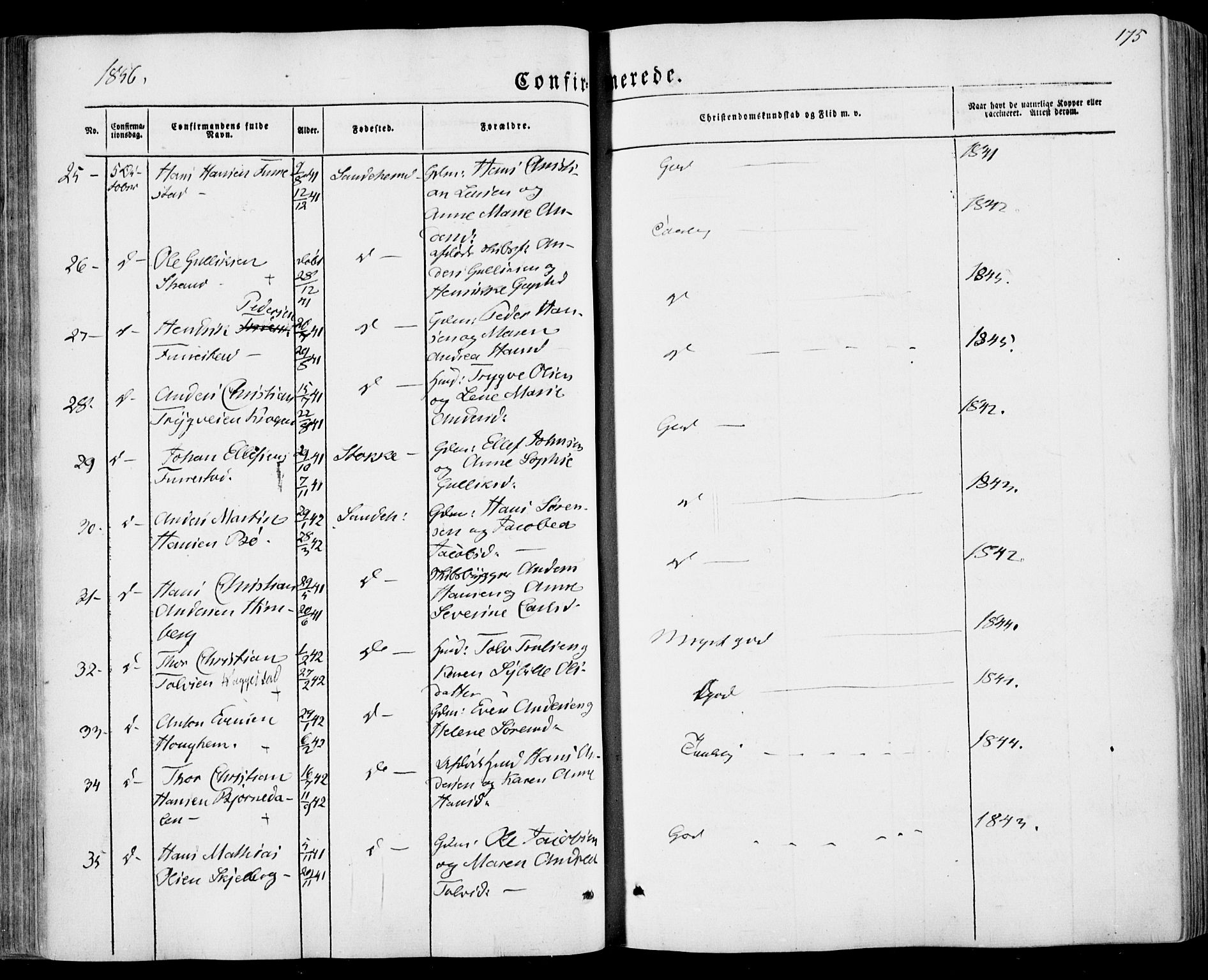 Sandar kirkebøker, SAKO/A-243/F/Fa/L0007: Parish register (official) no. 7, 1855-1861, p. 175