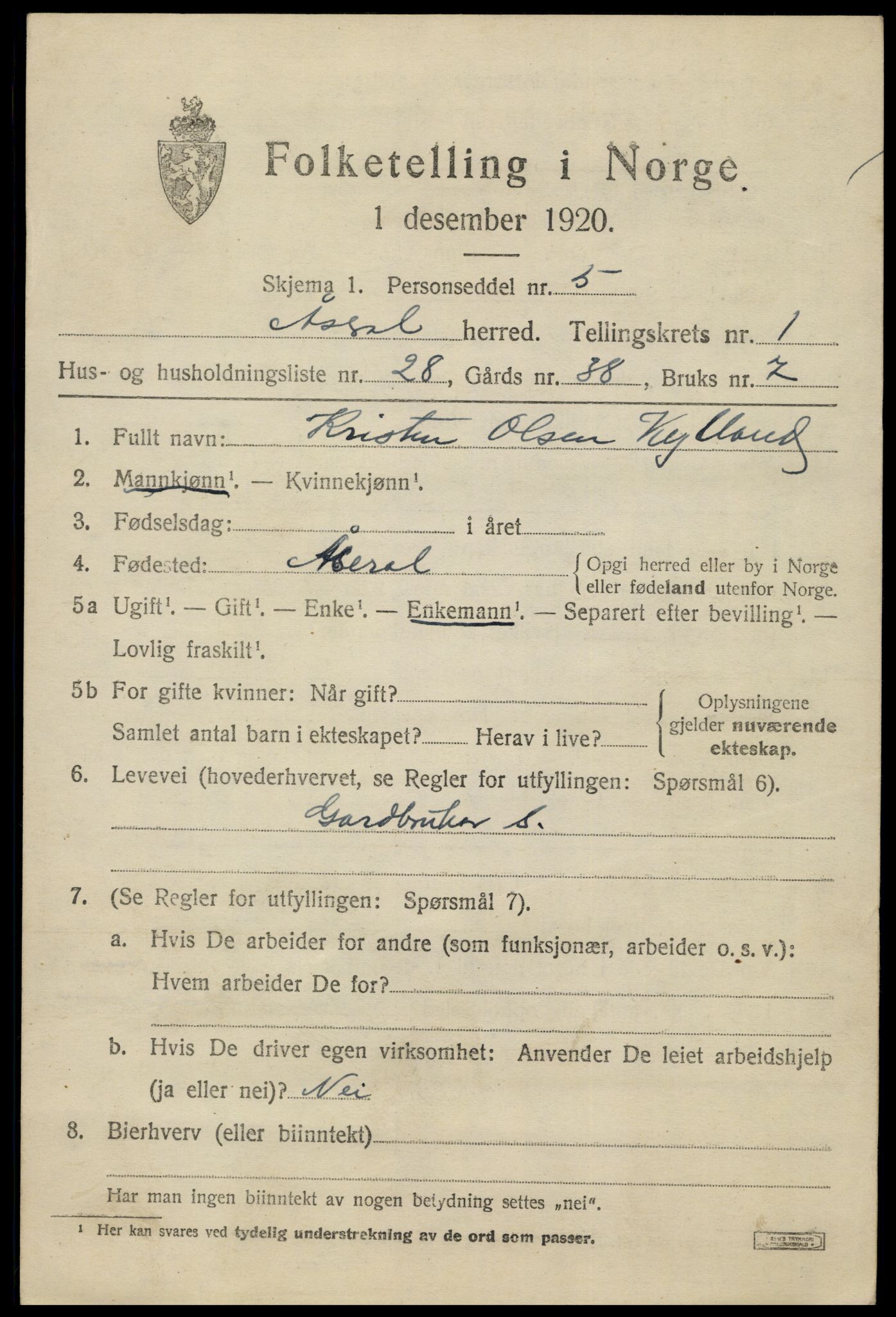 SAK, 1920 census for Åseral, 1920, p. 768