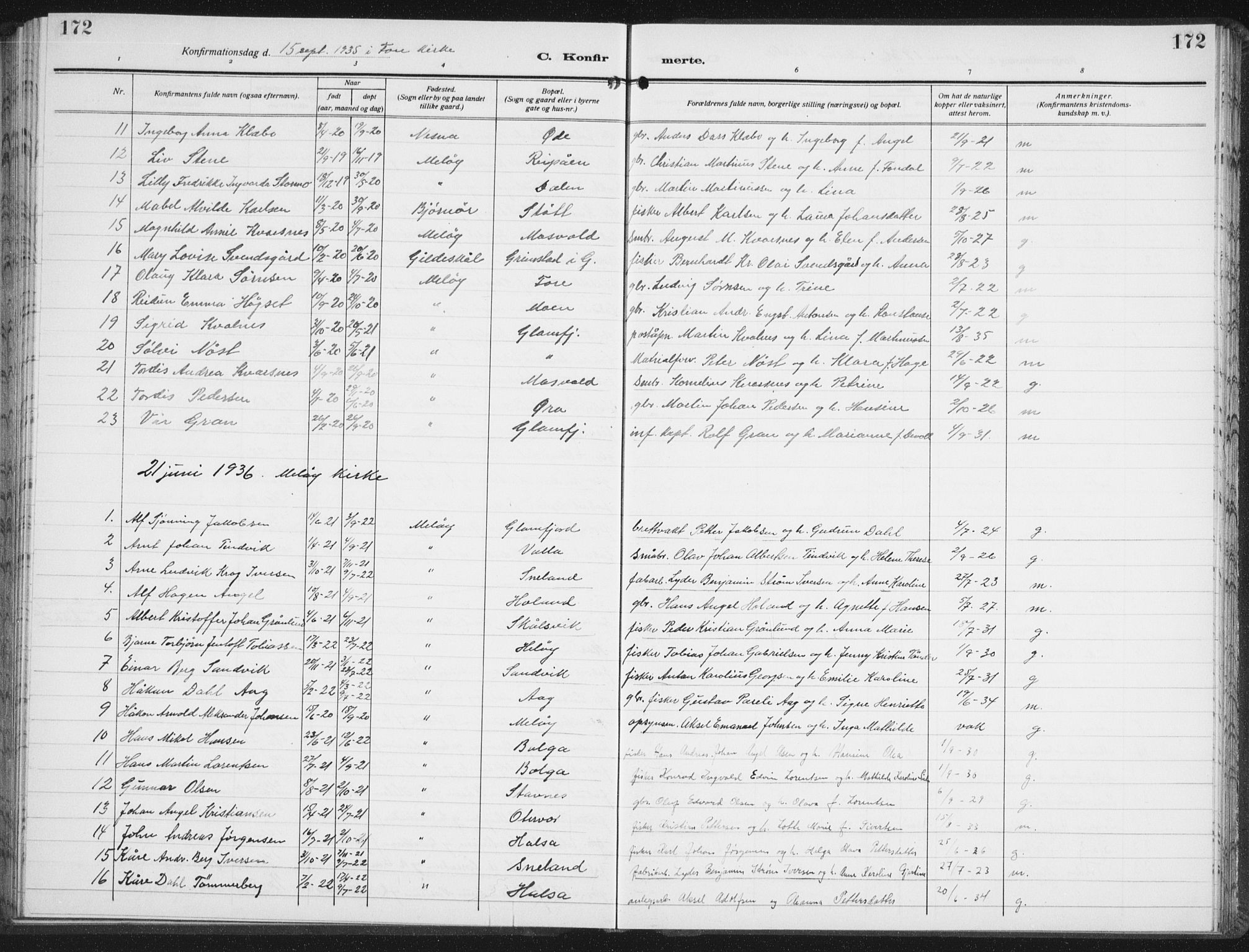 Ministerialprotokoller, klokkerbøker og fødselsregistre - Nordland, SAT/A-1459/843/L0640: Parish register (copy) no. 843C09, 1925-1941, p. 172