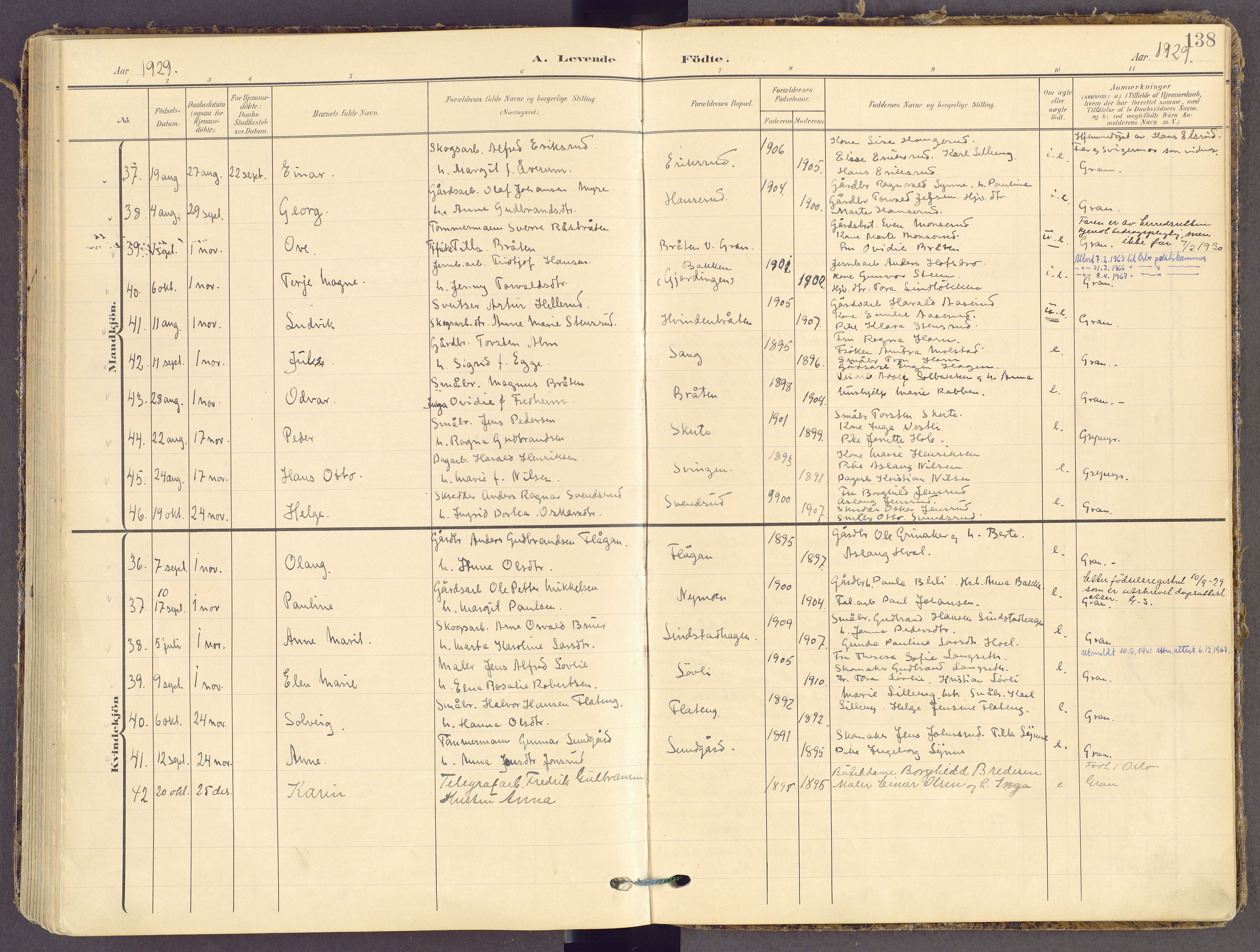 Gran prestekontor, SAH/PREST-112/H/Ha/Haa/L0021: Parish register (official) no. 21, 1908-1932, p. 138