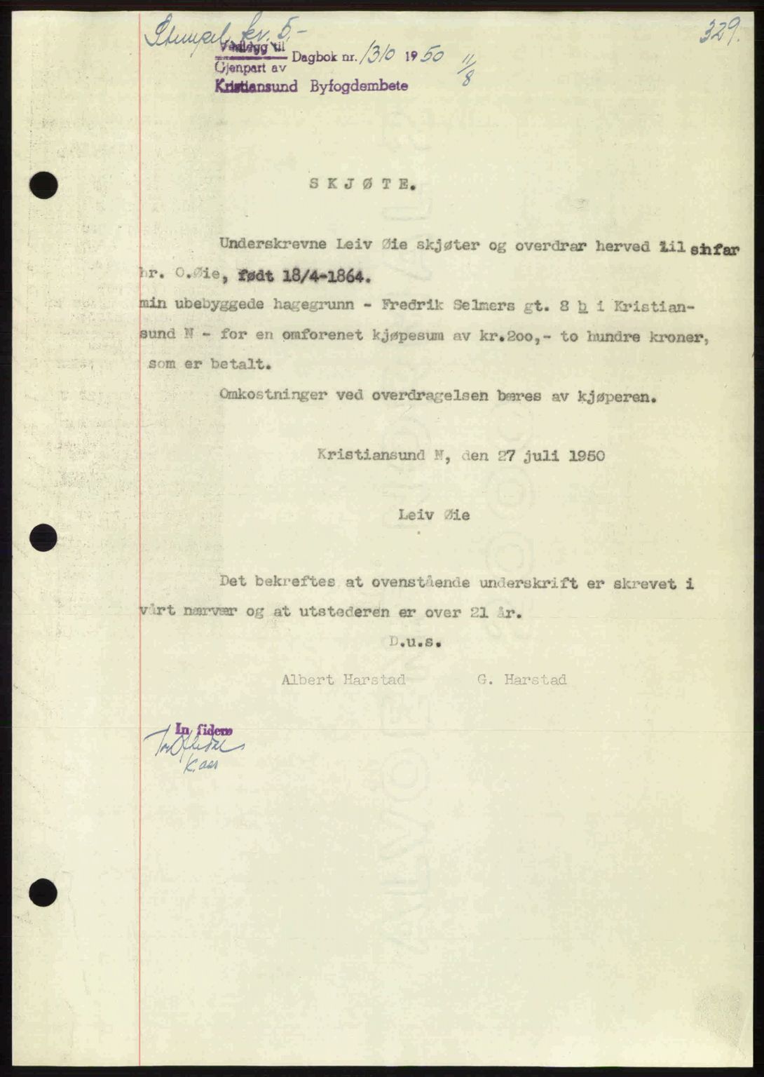 Kristiansund byfogd, AV/SAT-A-4587/A/27: Mortgage book no. 46, 1949-1950, Diary no: : 1310/1950