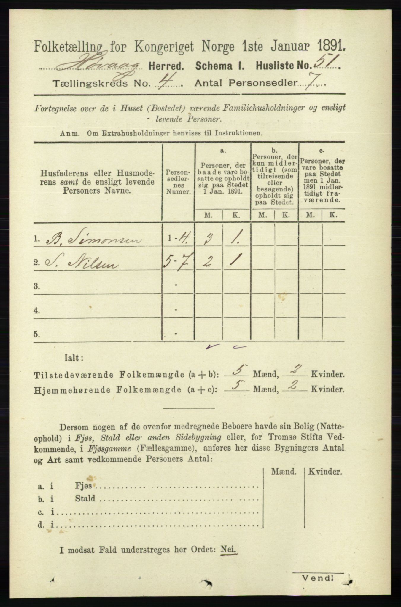 RA, 1891 census for 0927 Høvåg, 1891, p. 1505