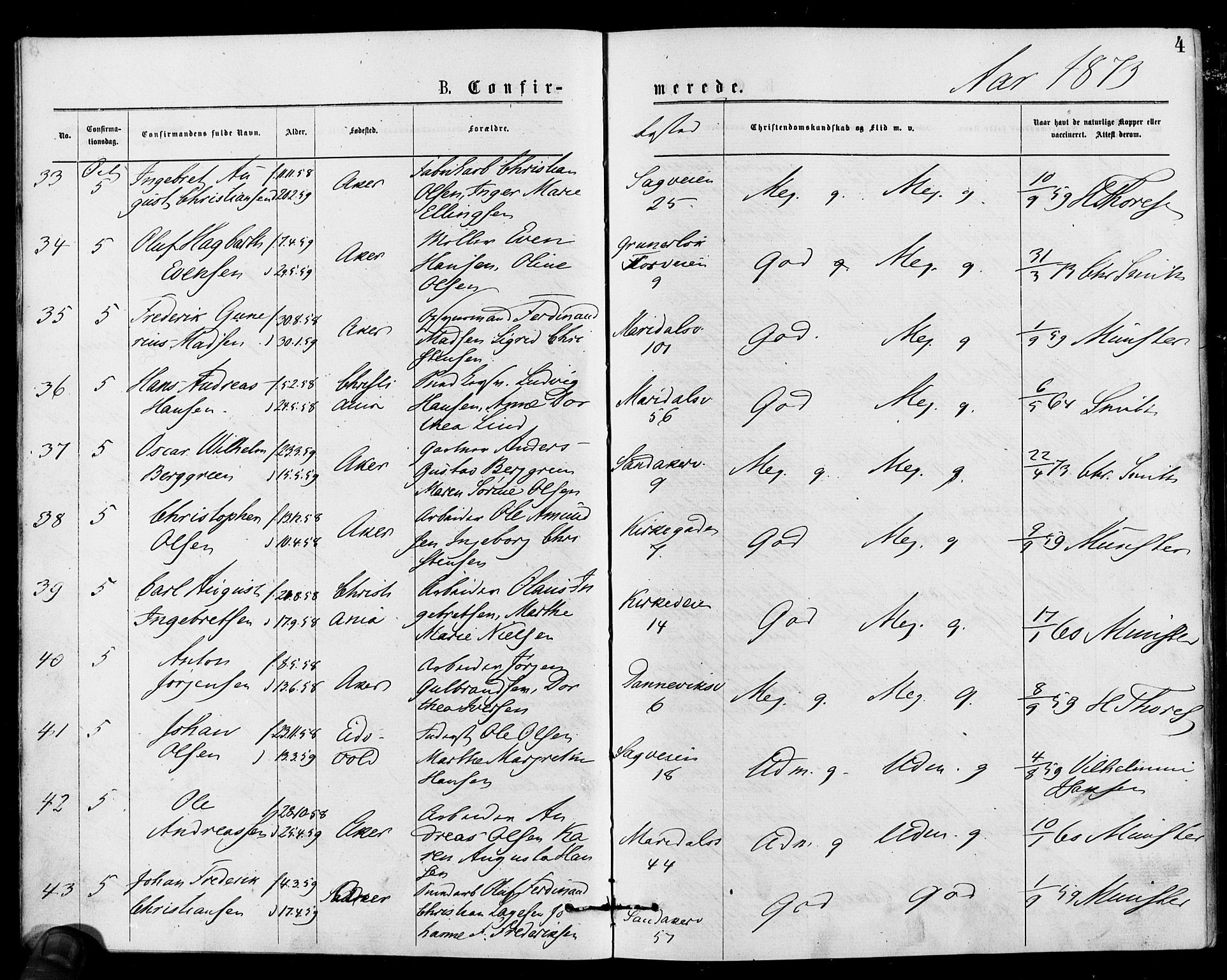 Gamle Aker prestekontor Kirkebøker, AV/SAO-A-10617a/F/L0005: Parish register (official) no. 5, 1873-1881, p. 4