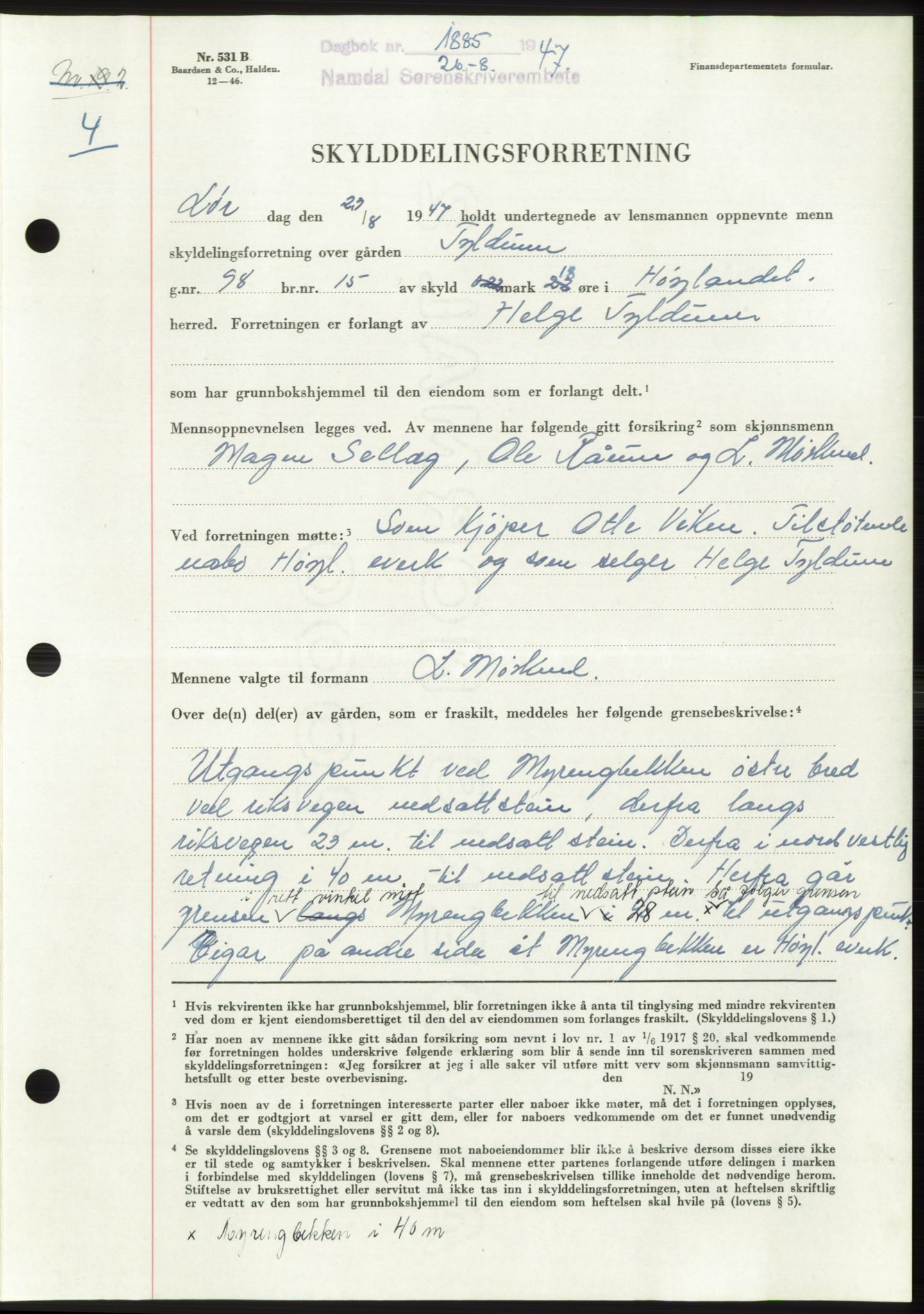 Namdal sorenskriveri, AV/SAT-A-4133/1/2/2C: Mortgage book no. -, 1947-1947, Diary no: : 1885/1947