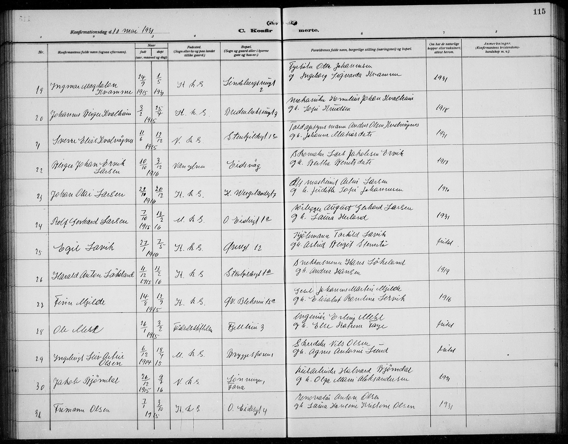 Korskirken sokneprestembete, AV/SAB-A-76101/H/Hab: Parish register (copy) no. C 6, 1918-1941, p. 115