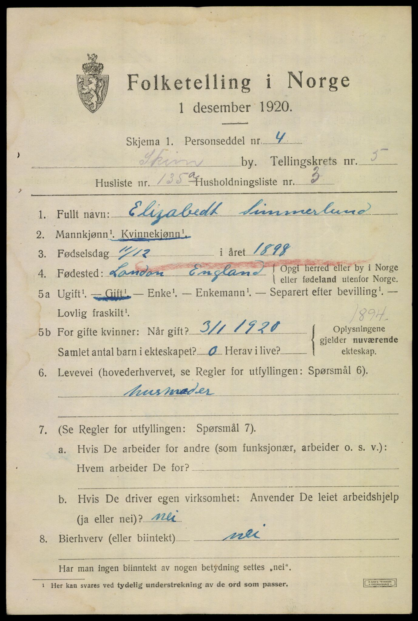 SAKO, 1920 census for Skien, 1920, p. 21812