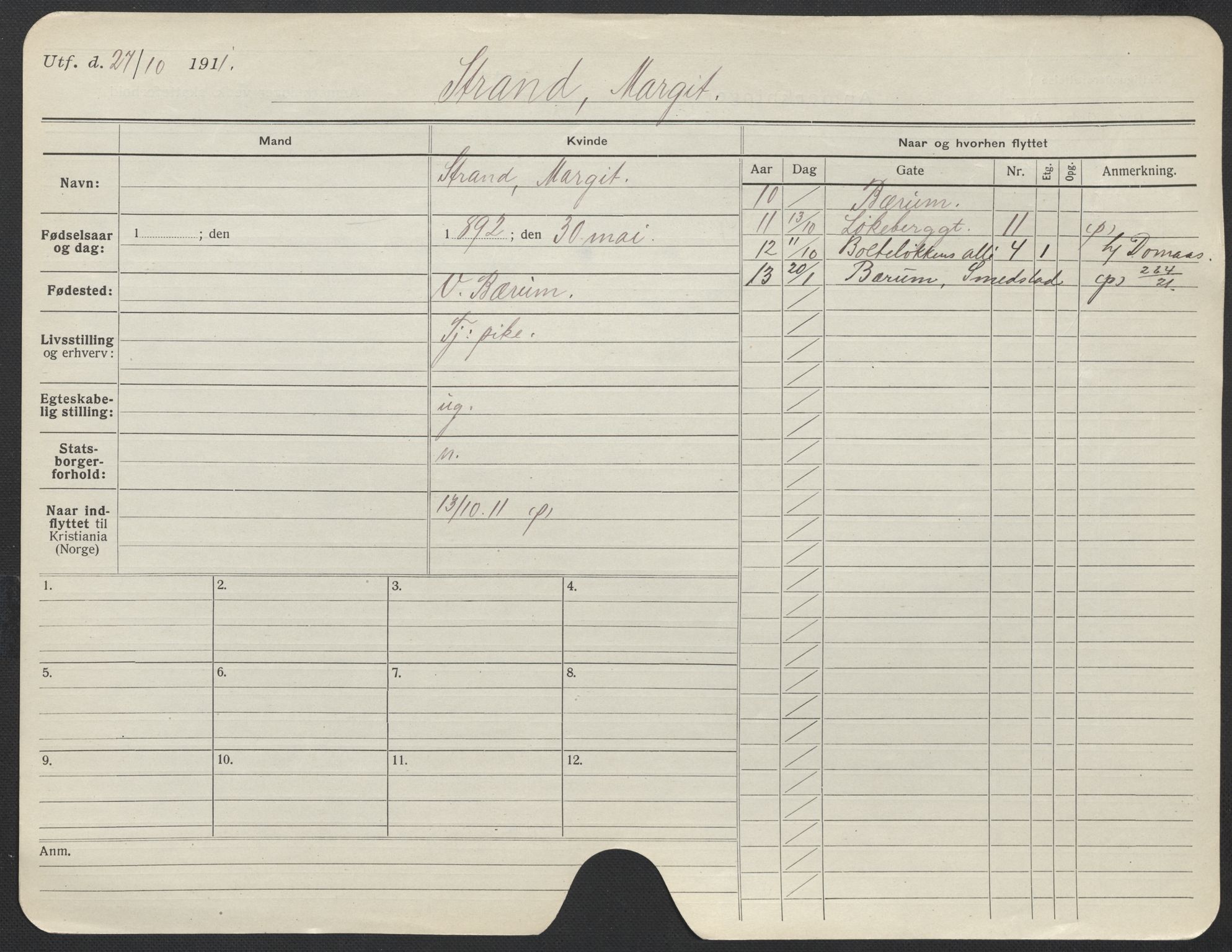 Oslo folkeregister, Registerkort, AV/SAO-A-11715/F/Fa/Fac/L0024: Kvinner, 1906-1914, p. 397a