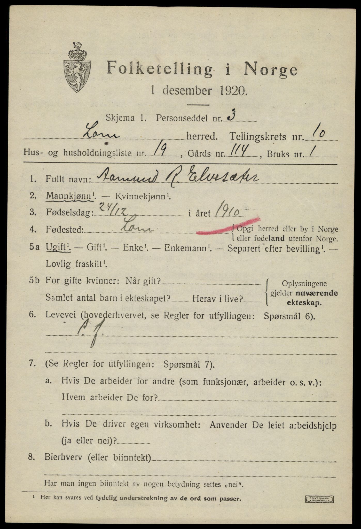 SAH, 1920 census for Lom, 1920, p. 5650