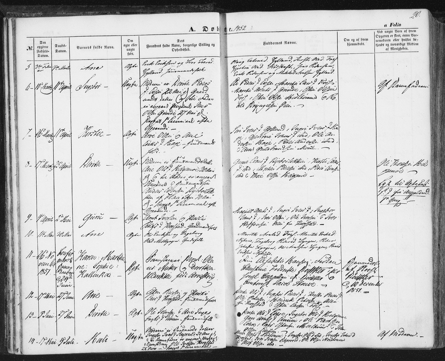 Ministerialprotokoller, klokkerbøker og fødselsregistre - Sør-Trøndelag, SAT/A-1456/692/L1103: Parish register (official) no. 692A03, 1849-1870, p. 20