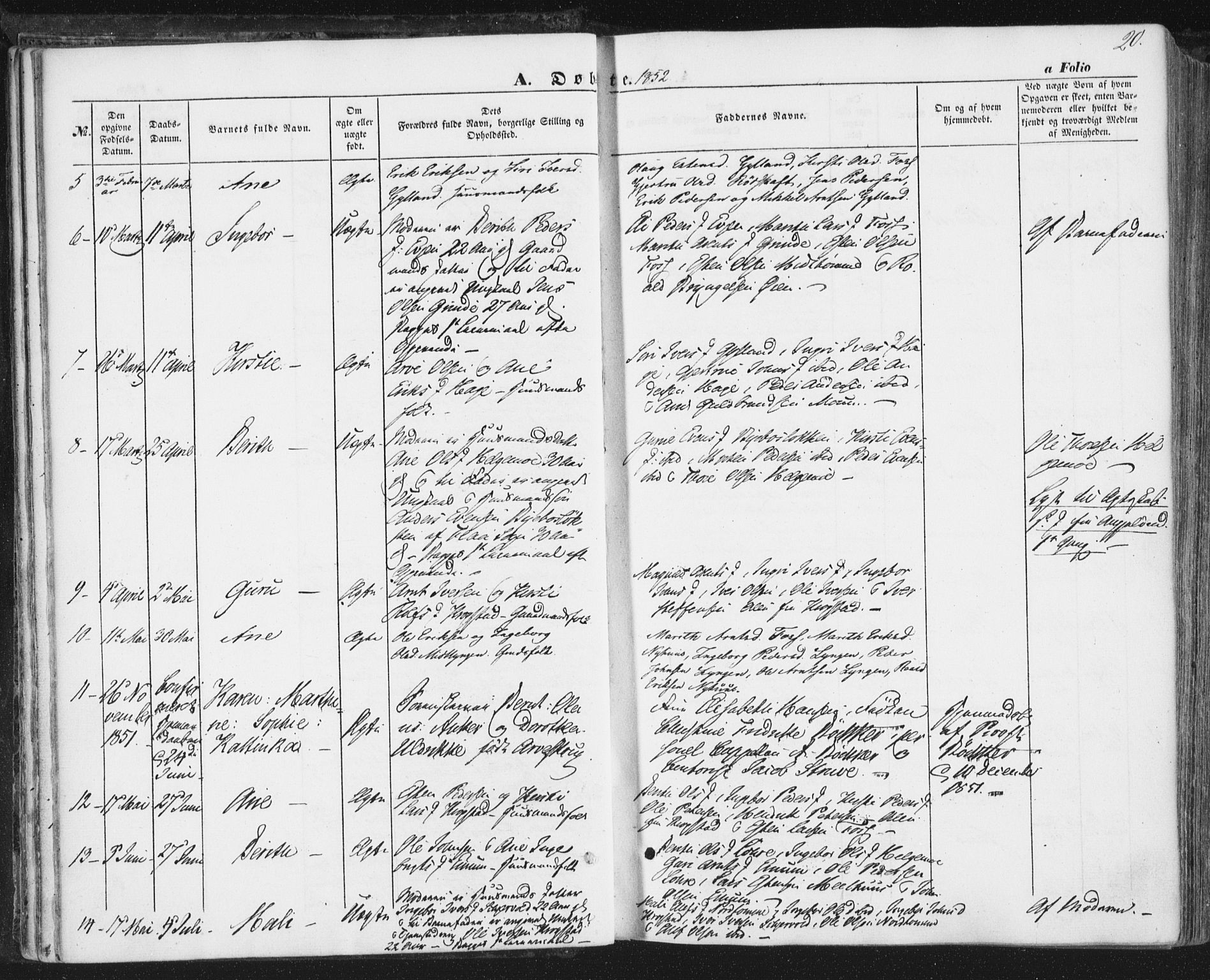 Ministerialprotokoller, klokkerbøker og fødselsregistre - Sør-Trøndelag, AV/SAT-A-1456/692/L1103: Parish register (official) no. 692A03, 1849-1870, p. 20