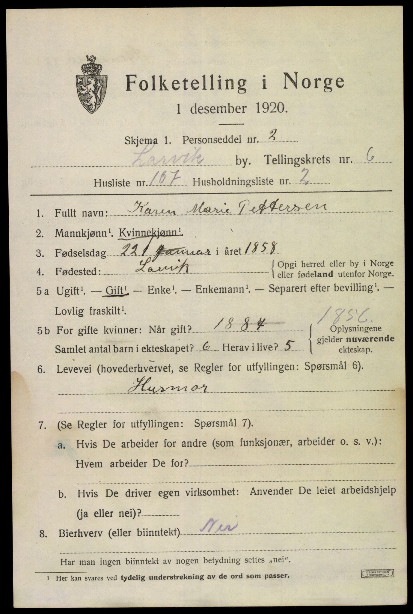 SAKO, 1920 census for Larvik, 1920, p. 19726