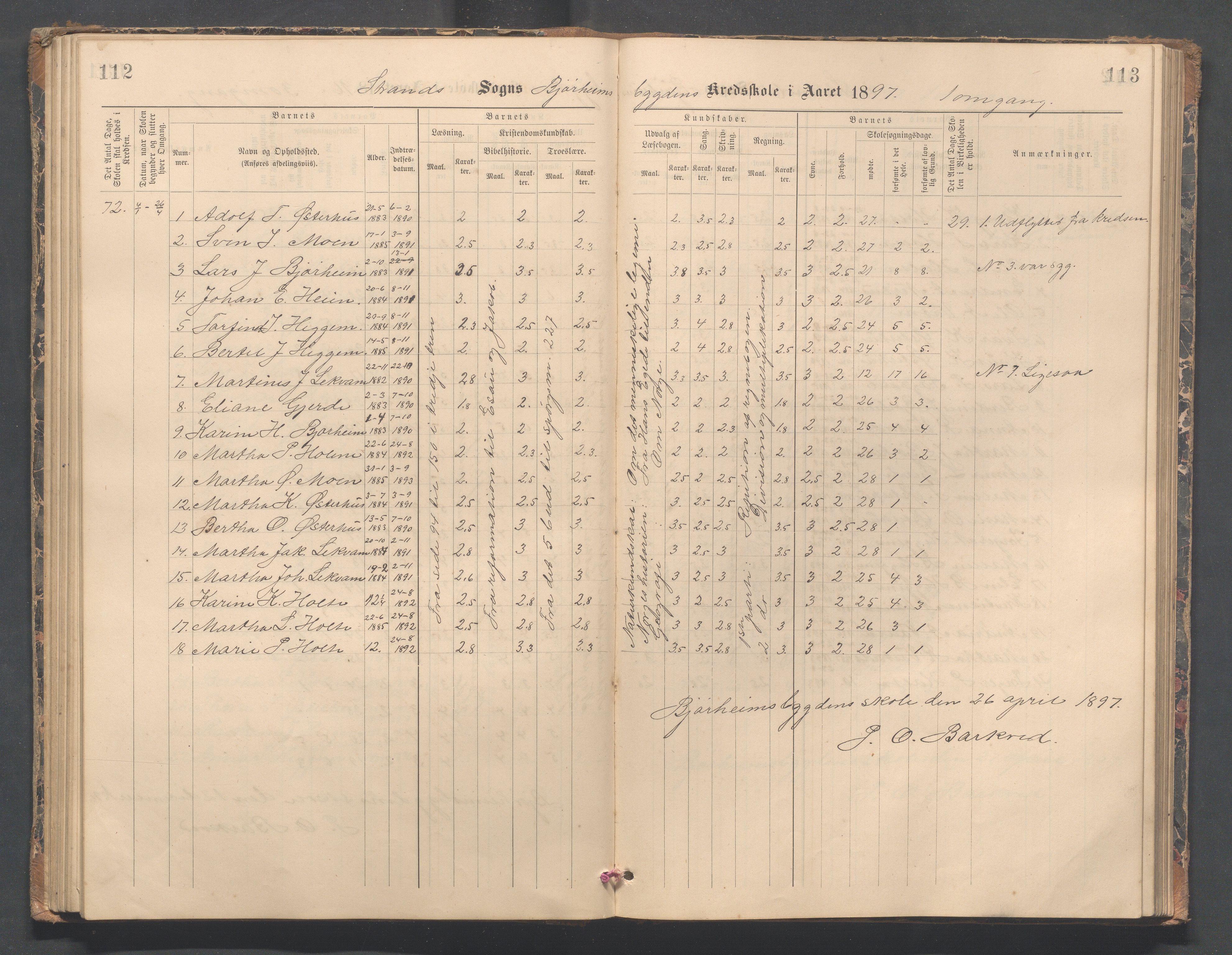 Strand kommune - Bjørheimsbygd skole, IKAR/A-147/H/L0002: Skoleprotokoll for Bjørheimsbygd og Lekvam krets, 1891-1907, p. 112-113