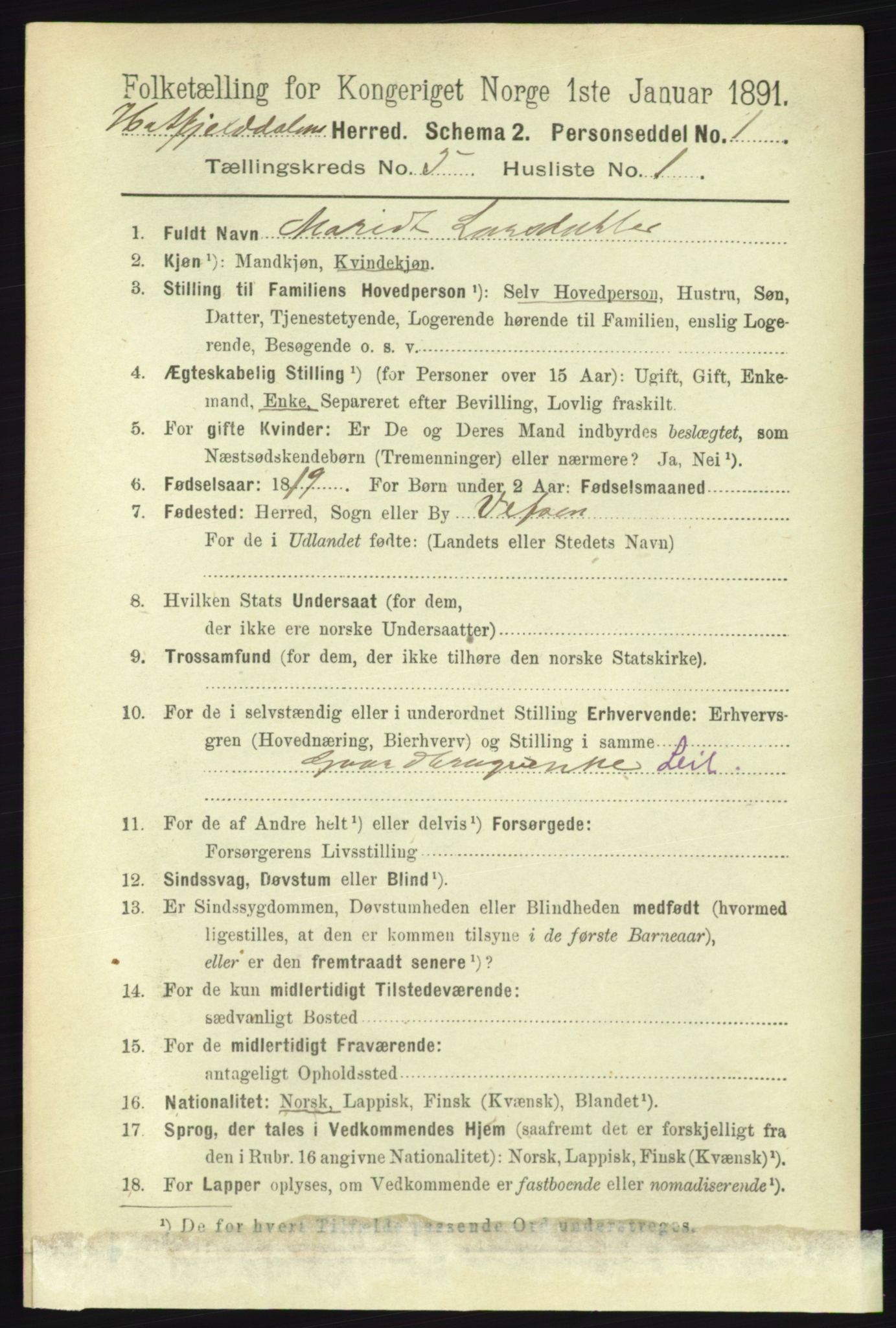 RA, 1891 census for 1826 Hattfjelldal, 1891, p. 1129