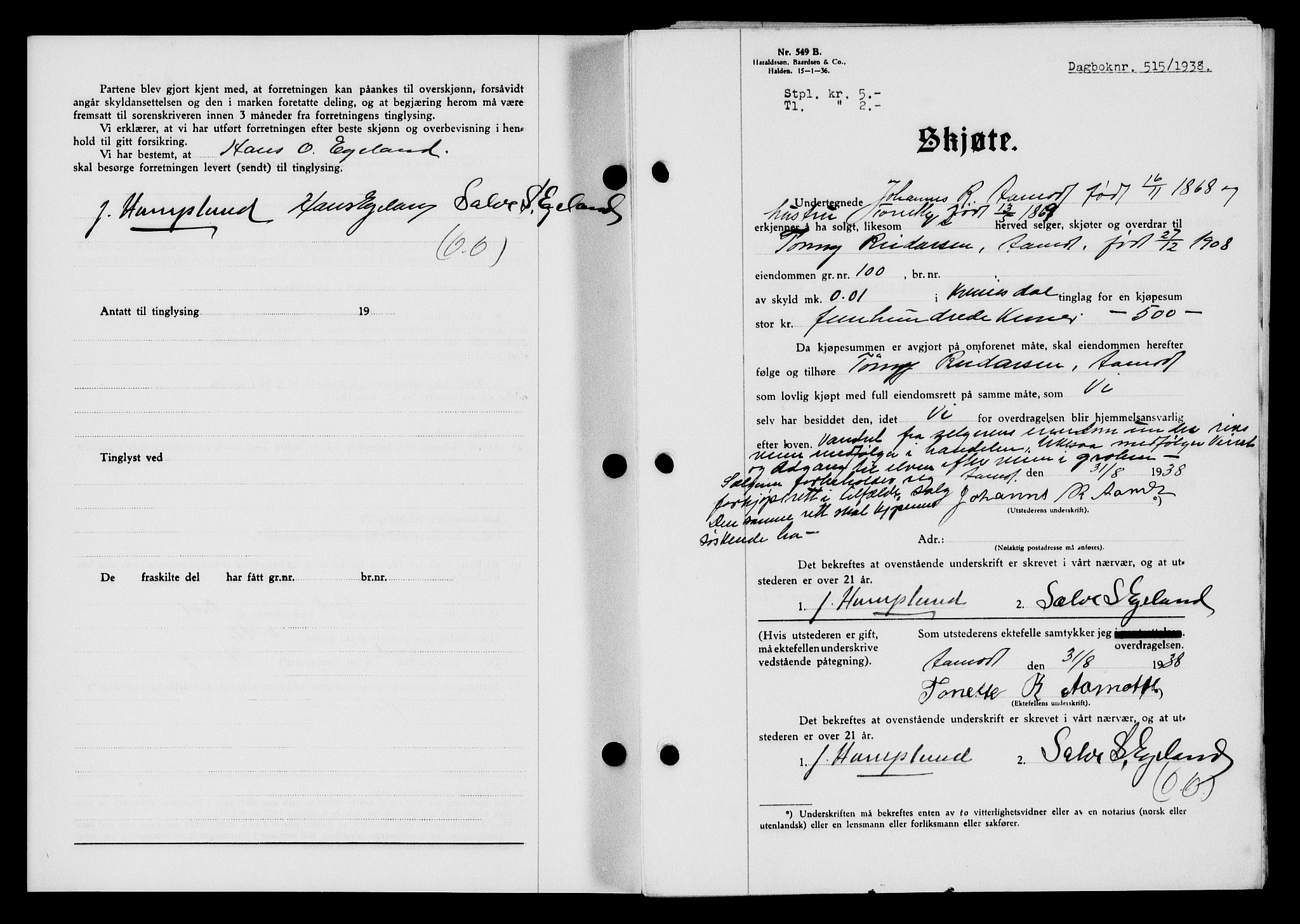 Flekkefjord sorenskriveri, SAK/1221-0001/G/Gb/Gba/L0054: Mortgage book no. A-2, 1937-1938, Diary no: : 515/1938