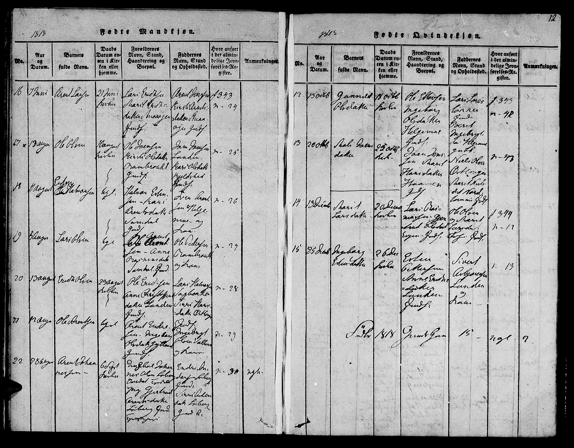 Ministerialprotokoller, klokkerbøker og fødselsregistre - Sør-Trøndelag, AV/SAT-A-1456/692/L1102: Parish register (official) no. 692A02, 1816-1842, p. 12