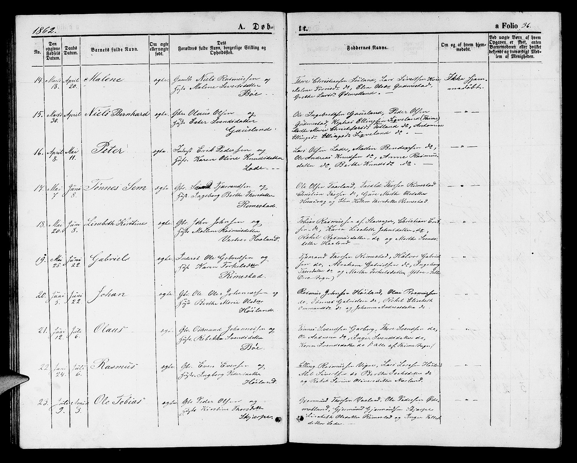 Hå sokneprestkontor, SAST/A-101801/001/30BB/L0001: Parish register (copy) no. B 1, 1854-1883, p. 36