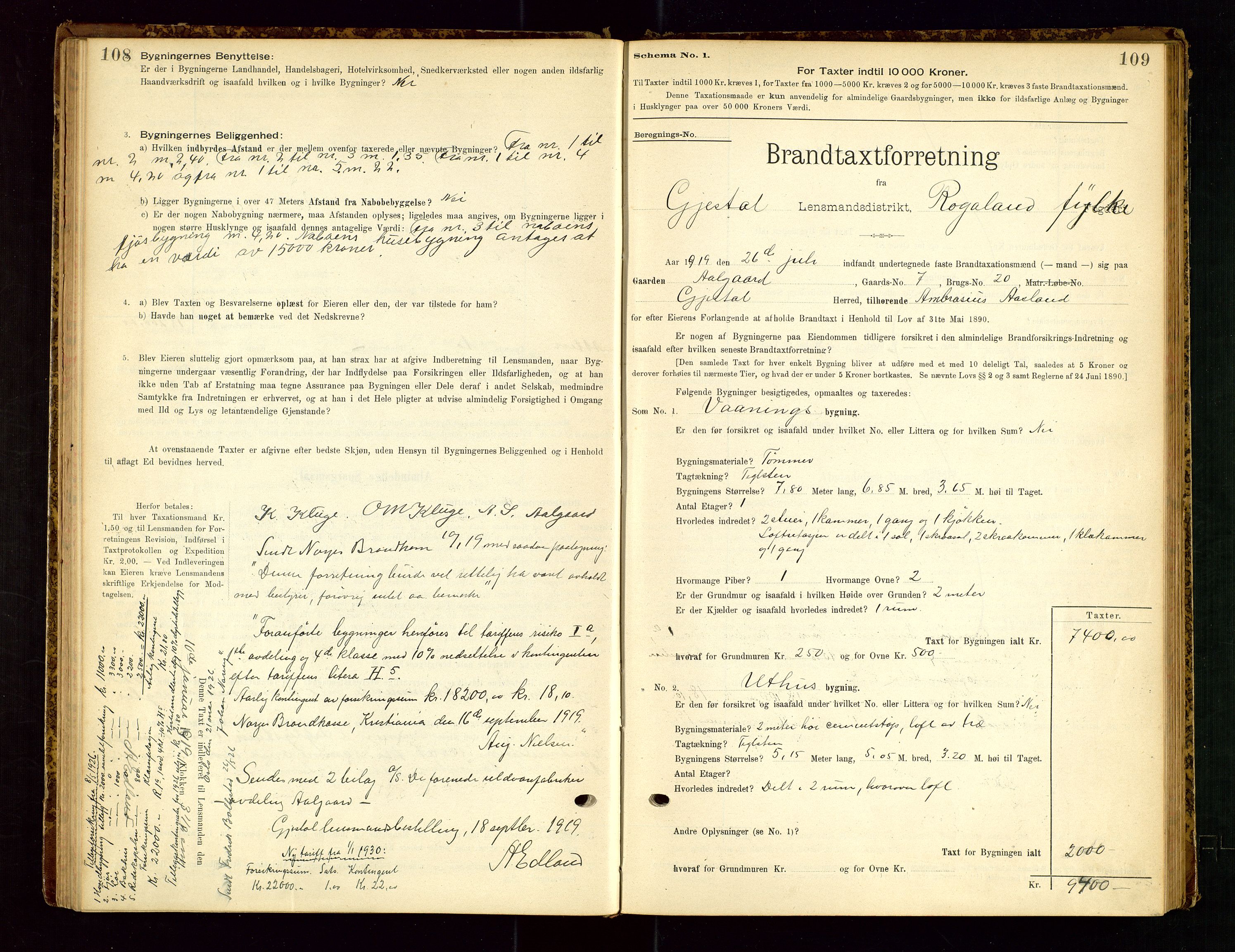 Gjesdal lensmannskontor, AV/SAST-A-100441/Go/L0007: Branntakstskjemaprotokoll, 1894-1937, p. 108-109