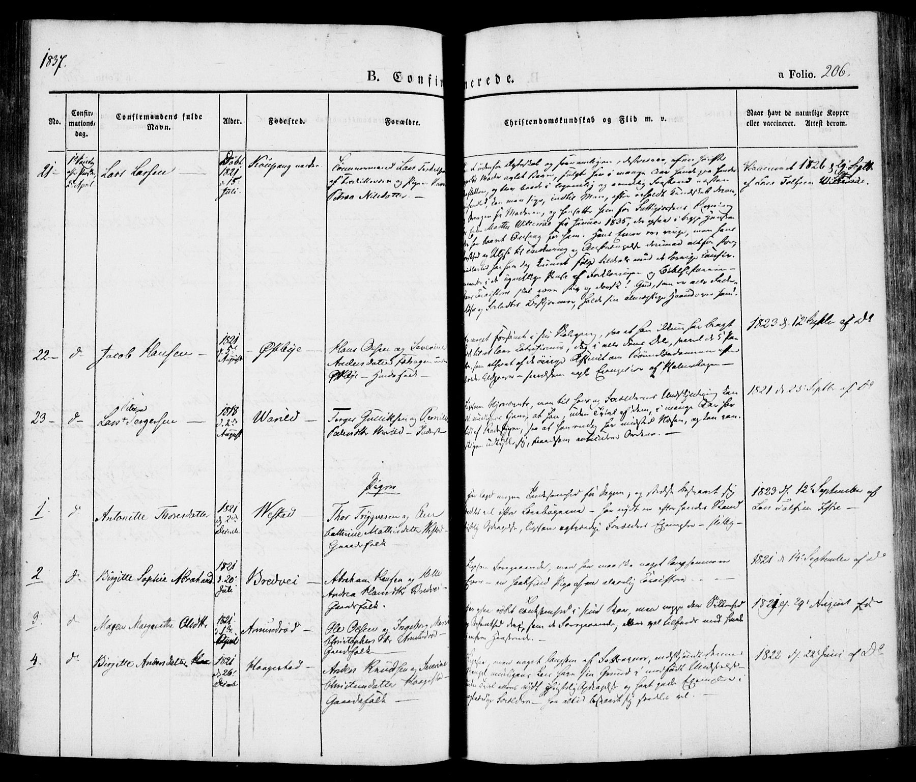 Tjølling kirkebøker, SAKO/A-60/F/Fa/L0006: Parish register (official) no. 6, 1835-1859, p. 206