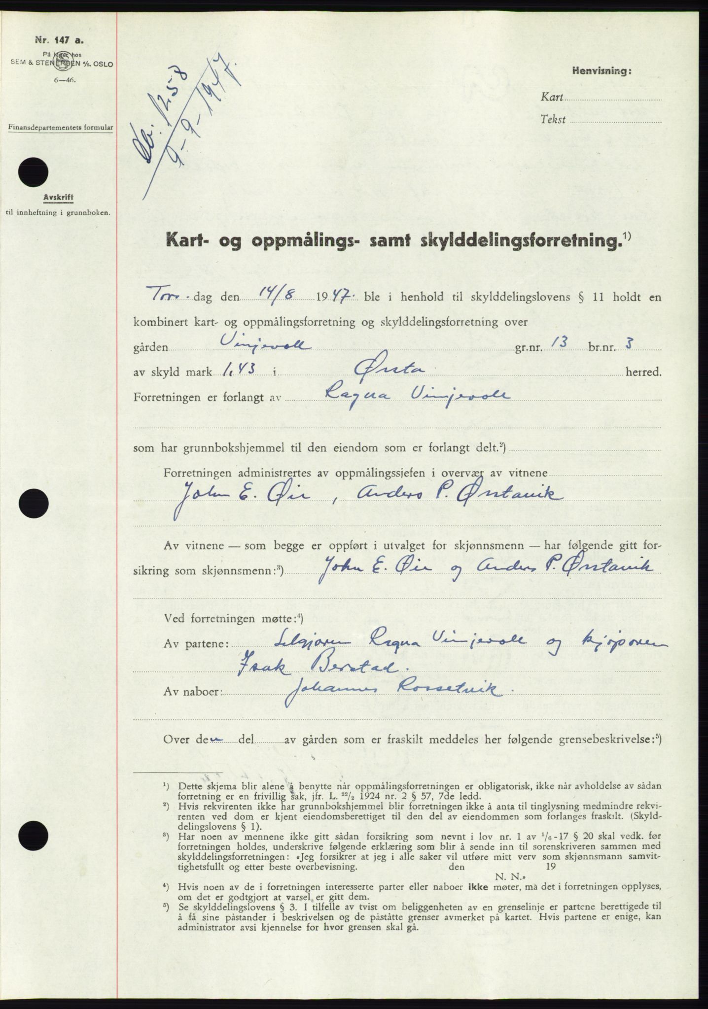 Søre Sunnmøre sorenskriveri, AV/SAT-A-4122/1/2/2C/L0081: Mortgage book no. 7A, 1947-1948, Diary no: : 1258/1947