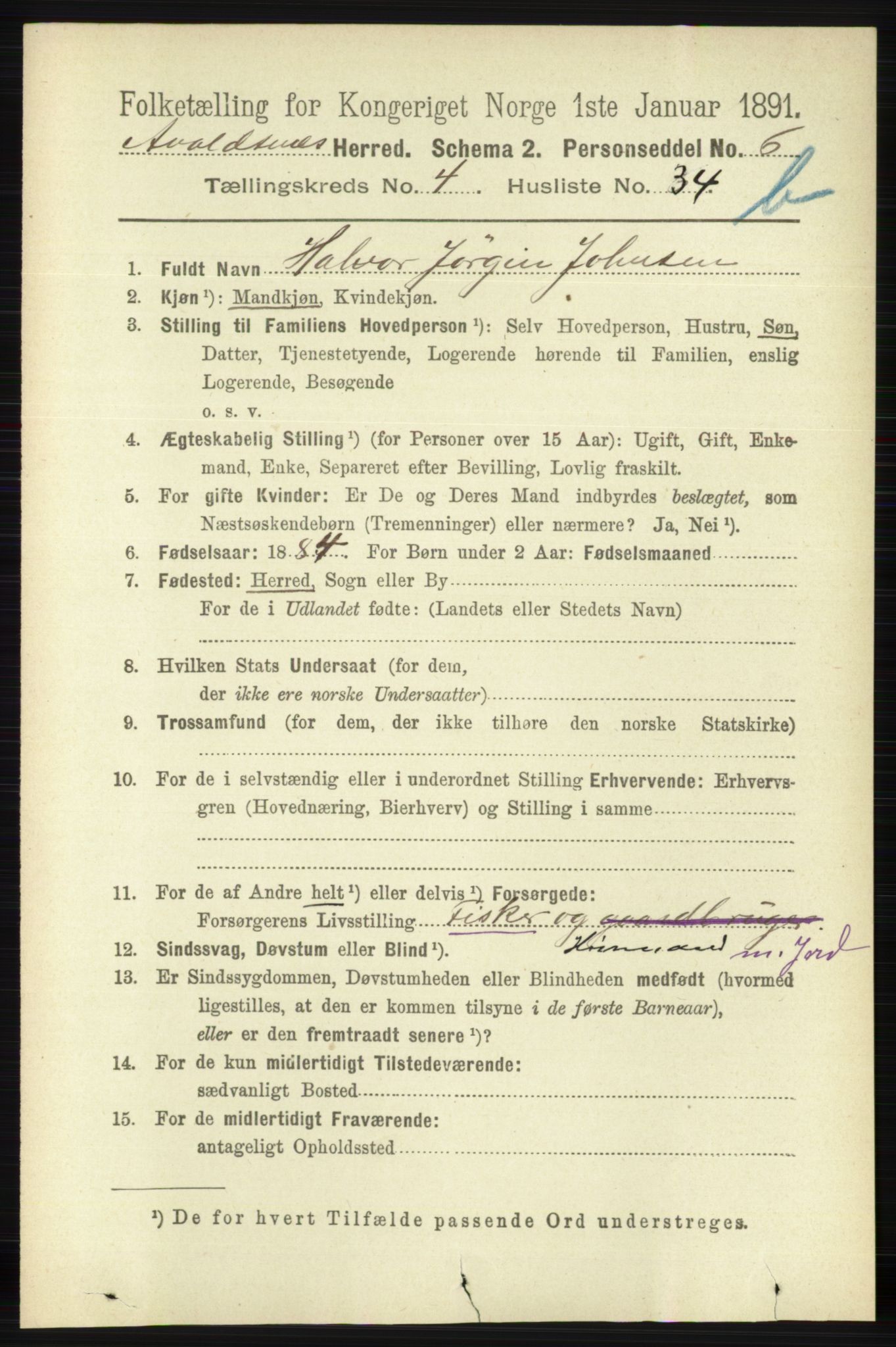 RA, 1891 census for 1147 Avaldsnes, 1891, p. 2976