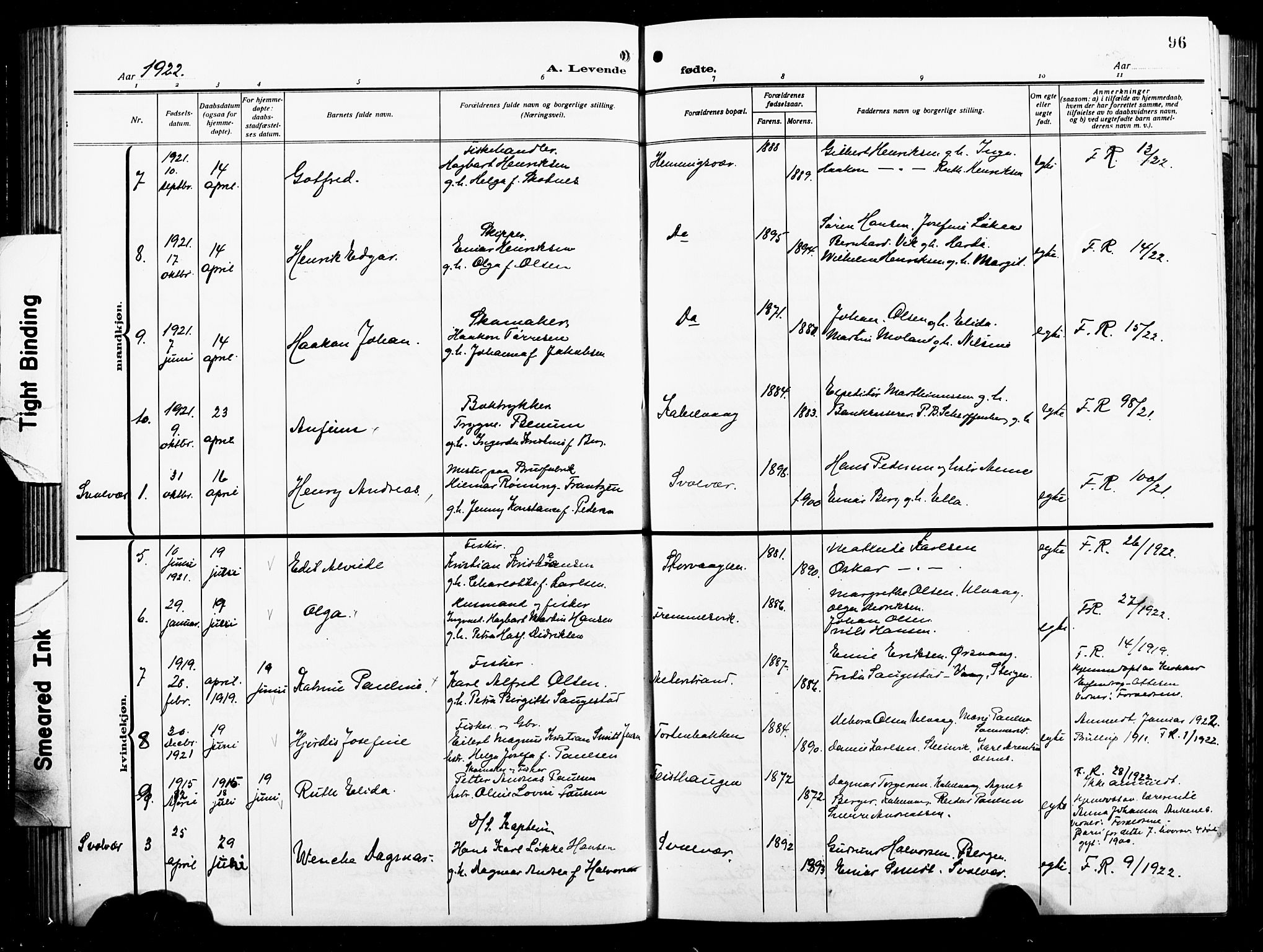 Ministerialprotokoller, klokkerbøker og fødselsregistre - Nordland, AV/SAT-A-1459/874/L1080: Parish register (copy) no. 874C09, 1915-1925, p. 96