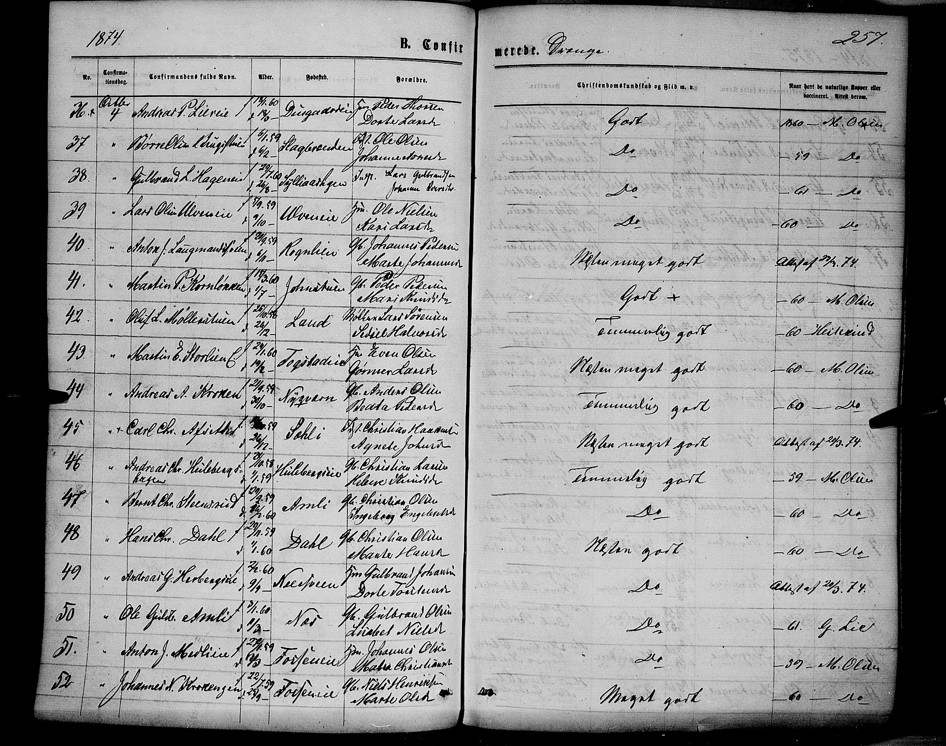 Ringsaker prestekontor, AV/SAH-PREST-014/K/Ka/L0011: Parish register (official) no. 11, 1870-1878, p. 257