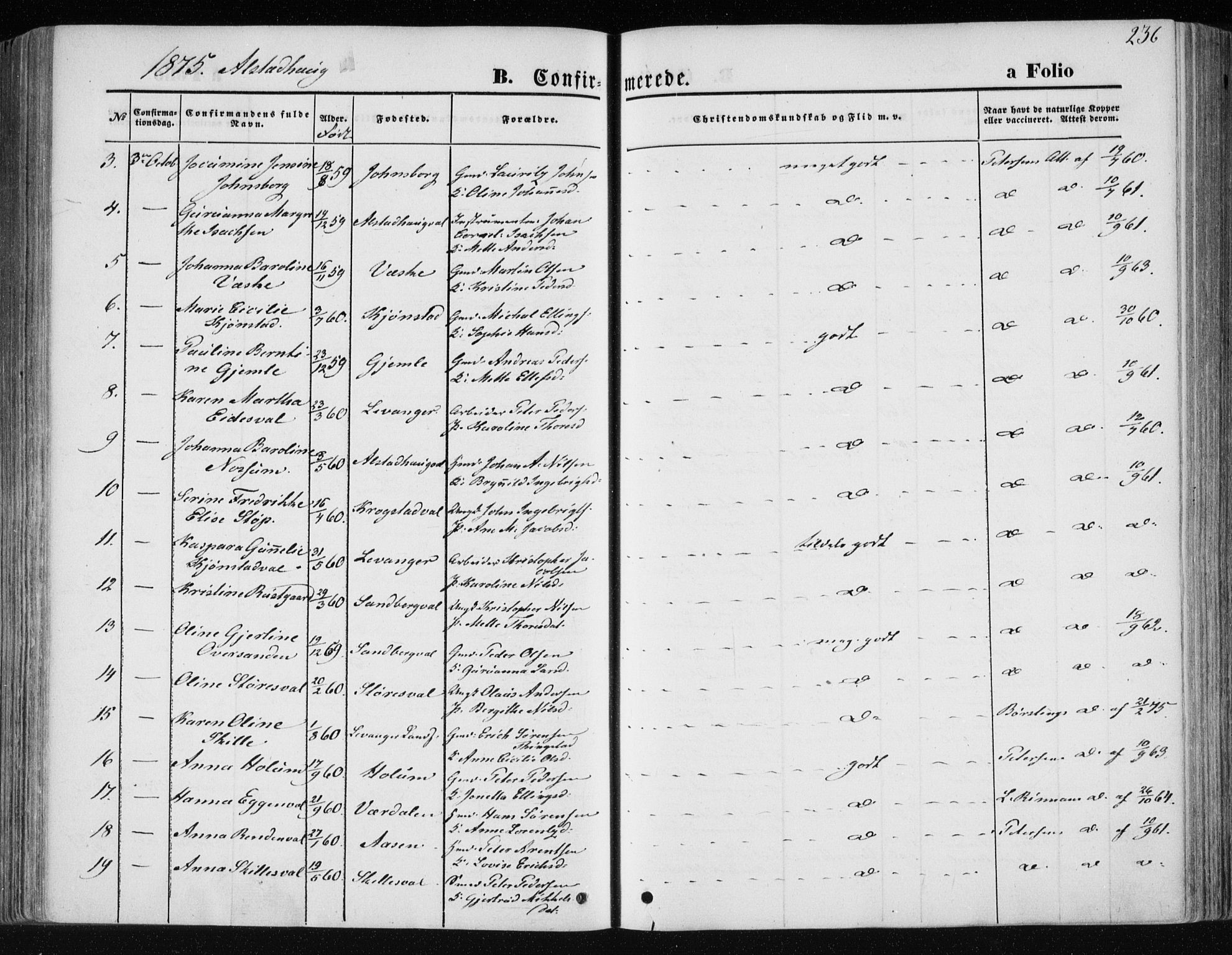 Ministerialprotokoller, klokkerbøker og fødselsregistre - Nord-Trøndelag, AV/SAT-A-1458/717/L0157: Parish register (official) no. 717A08 /1, 1863-1877, p. 236