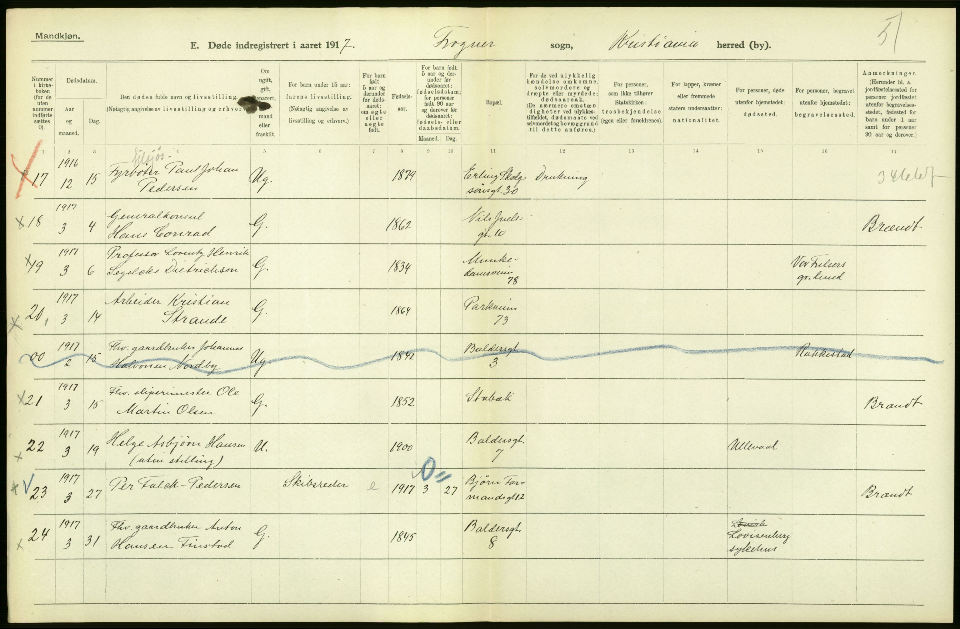 Statistisk sentralbyrå, Sosiodemografiske emner, Befolkning, AV/RA-S-2228/D/Df/Dfb/Dfbg/L0010: Kristiania: Døde, 1917, p. 466