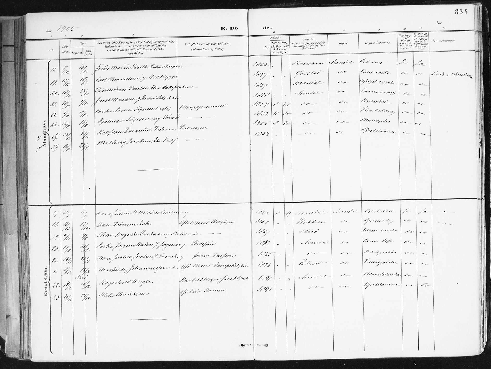 Arendal sokneprestkontor, Trefoldighet, AV/SAK-1111-0040/F/Fa/L0010: Parish register (official) no. A 10, 1900-1919, p. 364