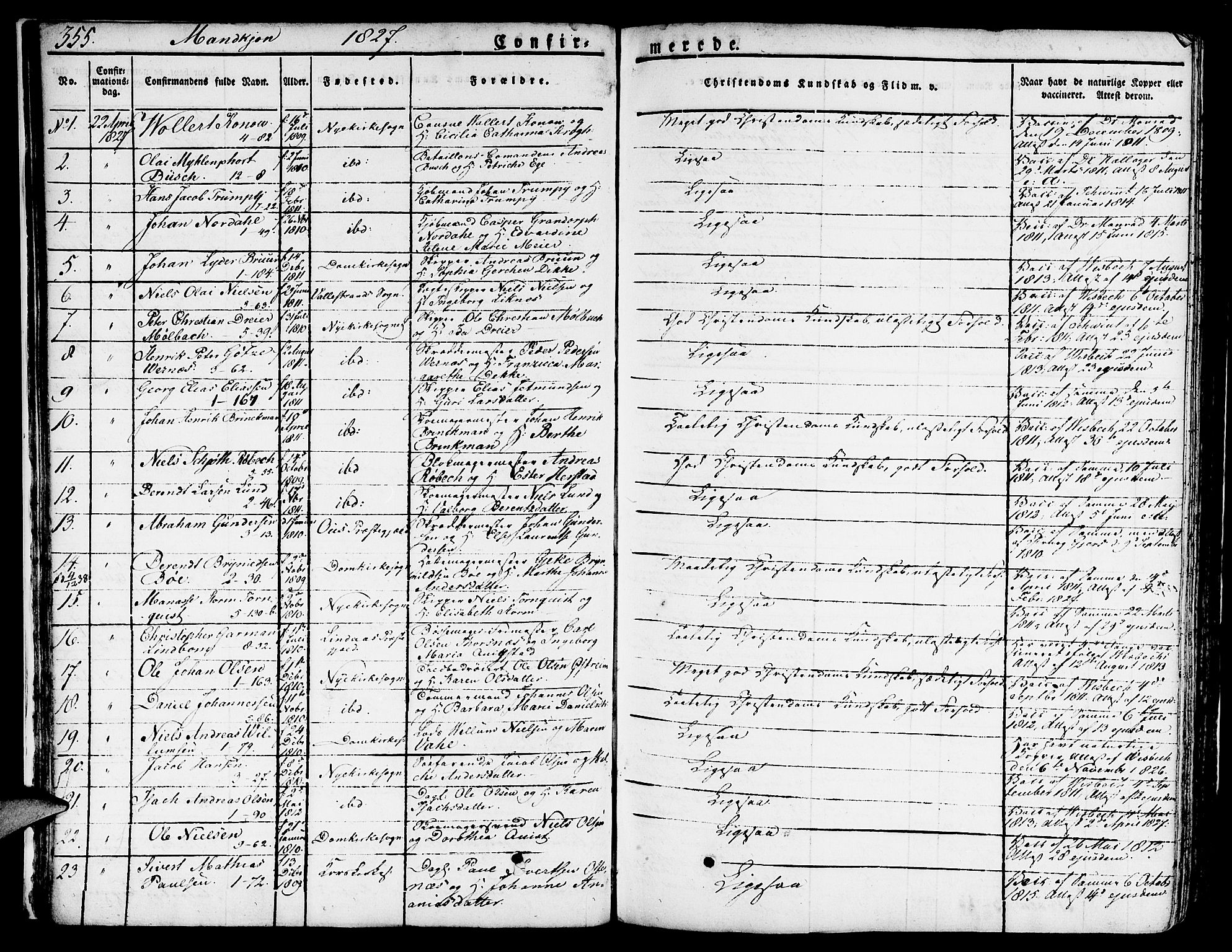 Nykirken Sokneprestembete, SAB/A-77101/H/Hab: Parish register (copy) no. A 5II, 1821-1843, p. 355