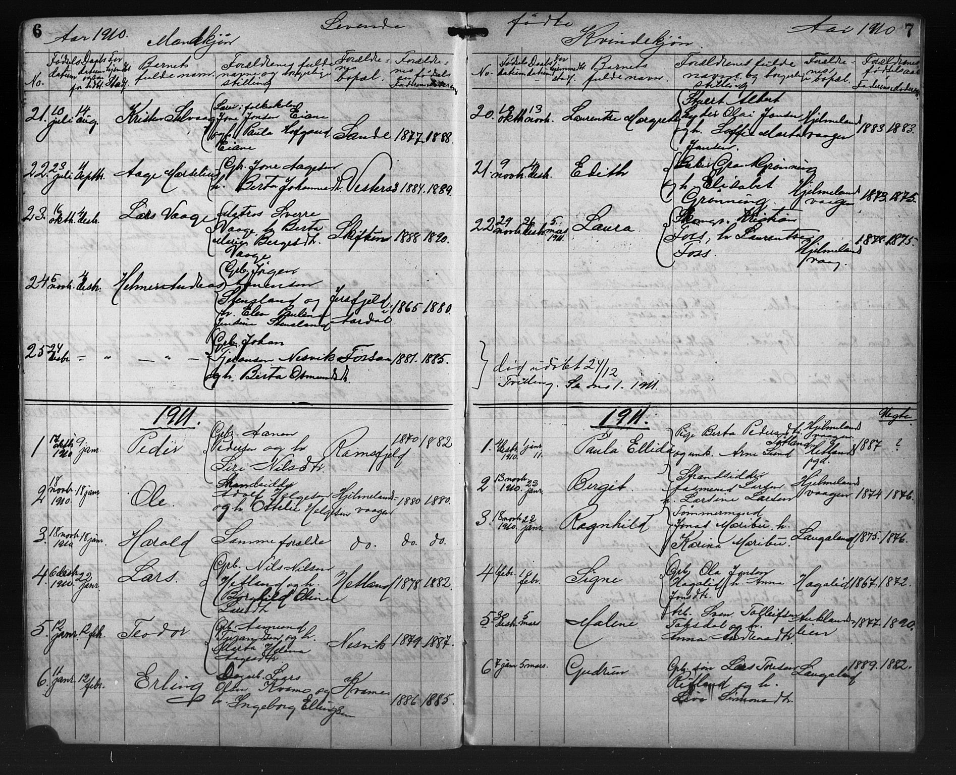 Hjelmeland sokneprestkontor, SAST/A-101843/01/V/L0009: Parish register (copy) no. B 9, 1909-1921, p. 6-7