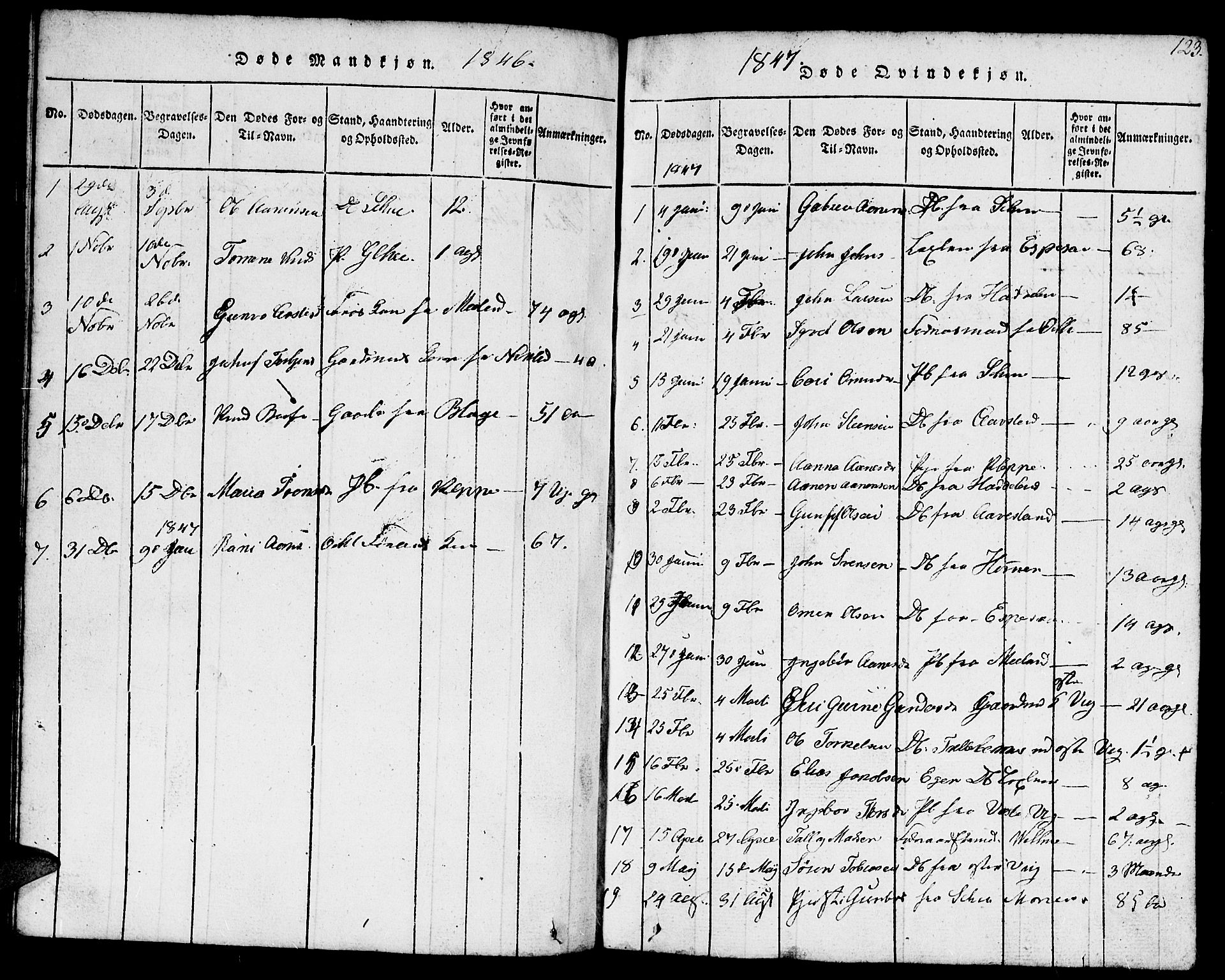 Hægebostad sokneprestkontor, SAK/1111-0024/F/Fb/Fbb/L0001: Parish register (copy) no. B 1, 1816-1850, p. 123