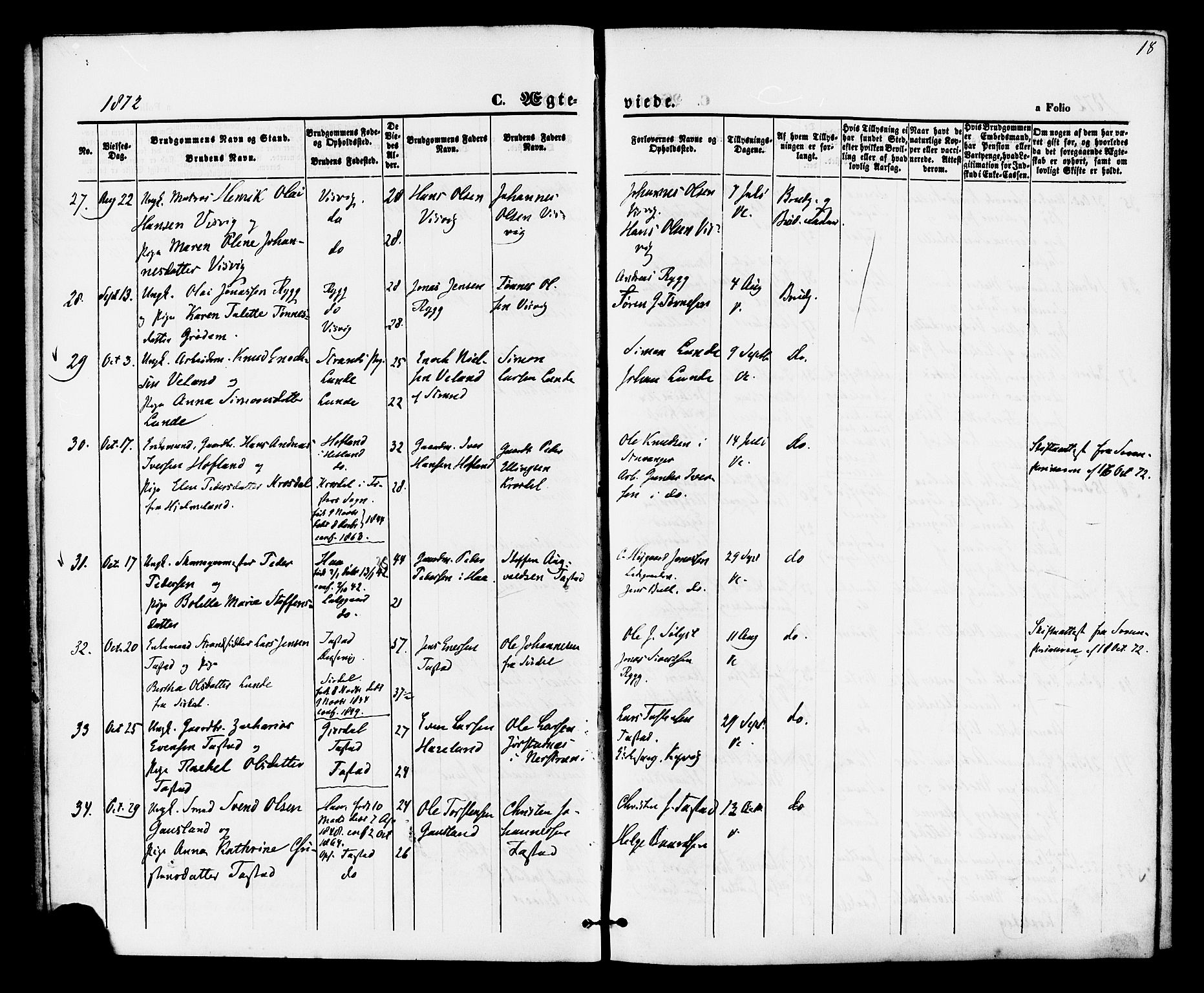 Hetland sokneprestkontor, AV/SAST-A-101826/30/30BA/L0005: Parish register (official) no. A 5, 1869-1884, p. 18