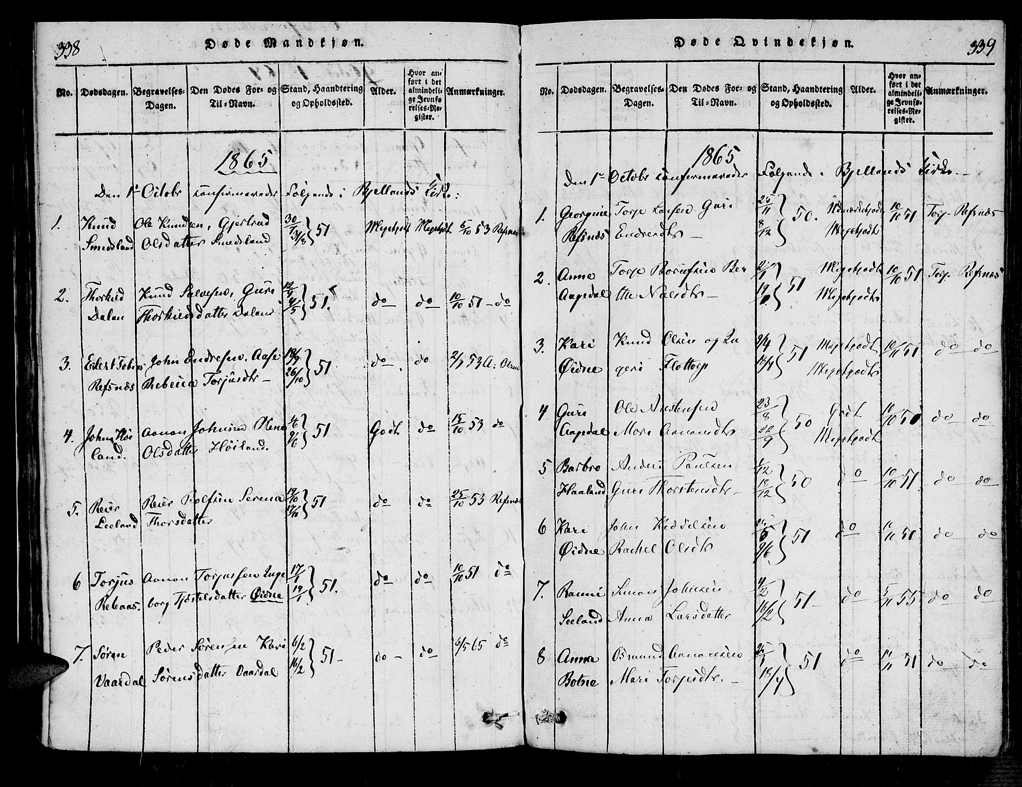 Bjelland sokneprestkontor, SAK/1111-0005/F/Fa/Fac/L0001: Parish register (official) no. A 1, 1815-1866, p. 338-339