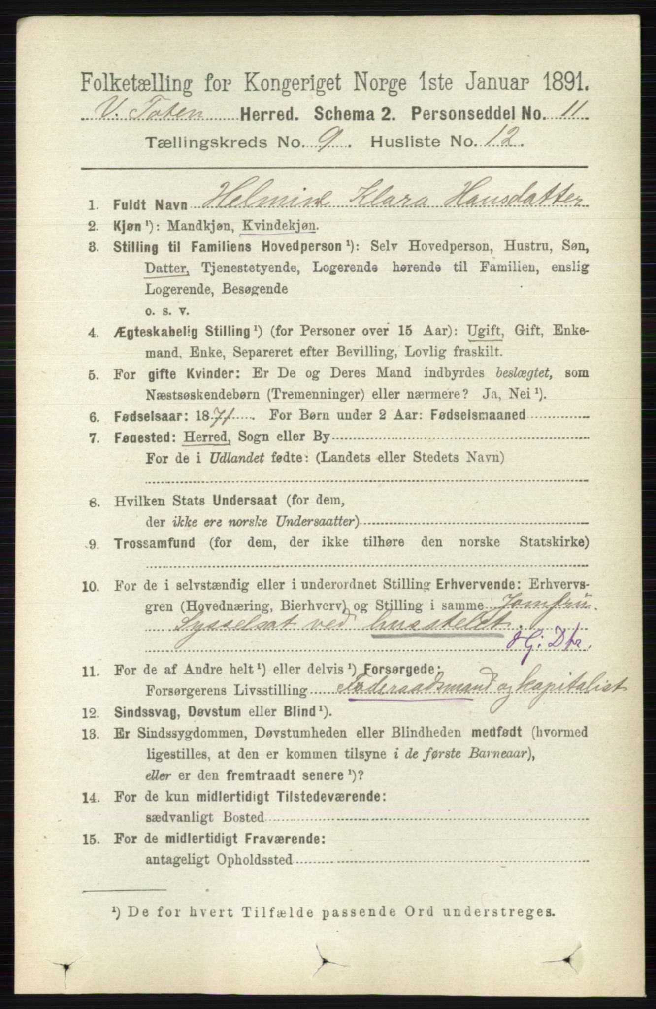 RA, 1891 census for 0529 Vestre Toten, 1891, p. 5629