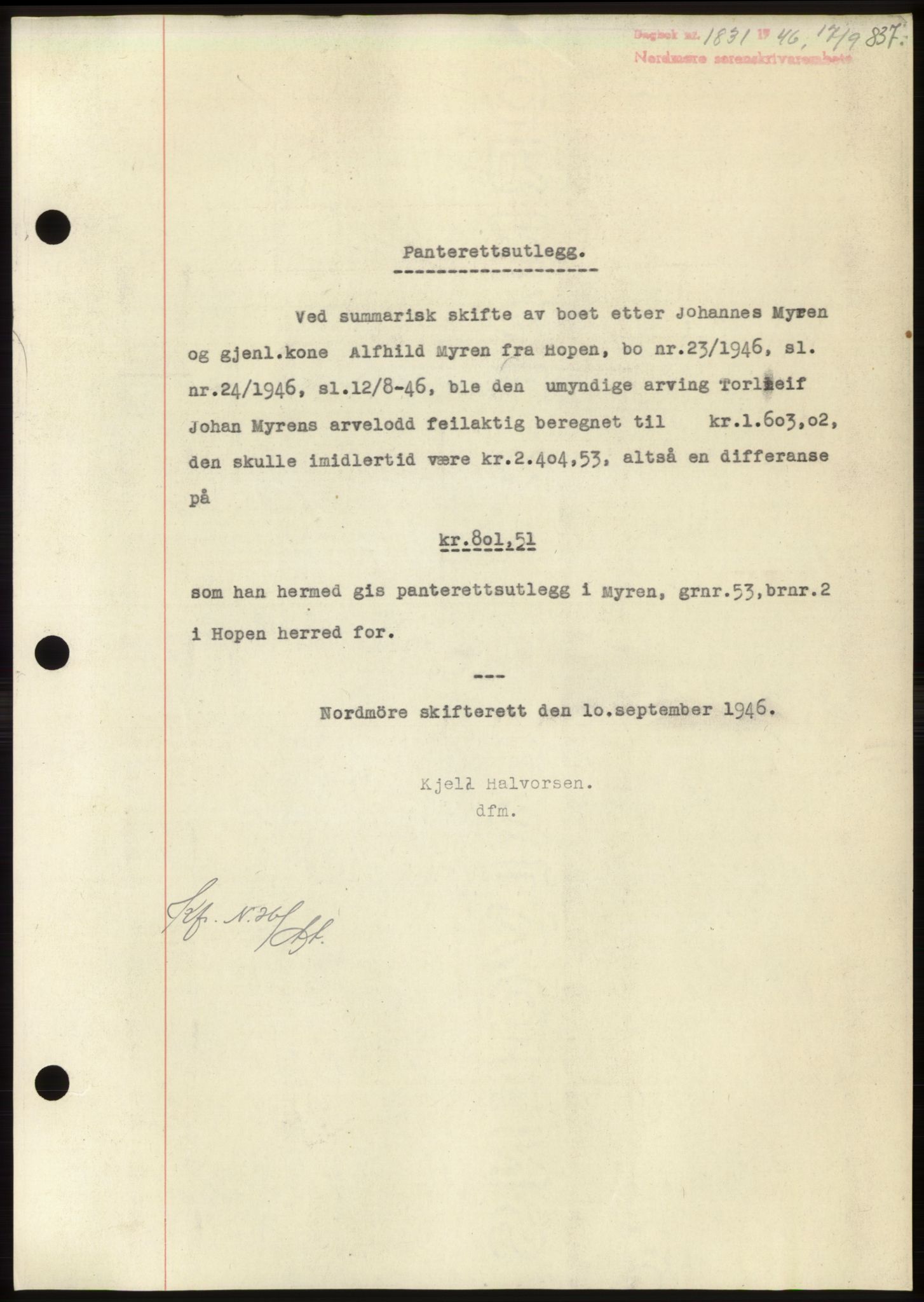 Nordmøre sorenskriveri, AV/SAT-A-4132/1/2/2Ca: Mortgage book no. B94, 1946-1946, Diary no: : 1831/1946