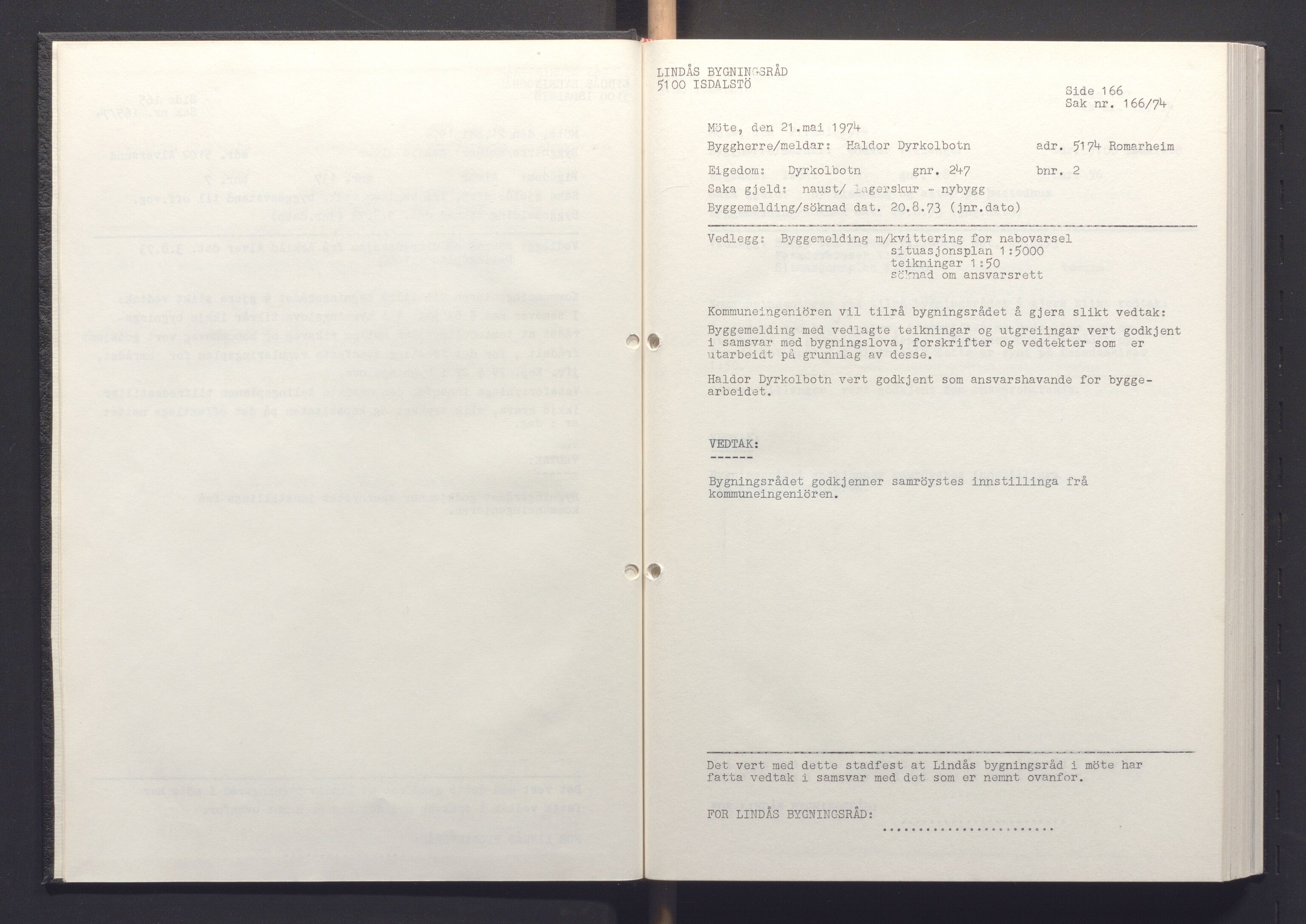 Lindås kommune. Bygningsrådet, IKAH/1263-511/A/Aa/L0015: Møtebok for Lindås bygningsråd, 1974