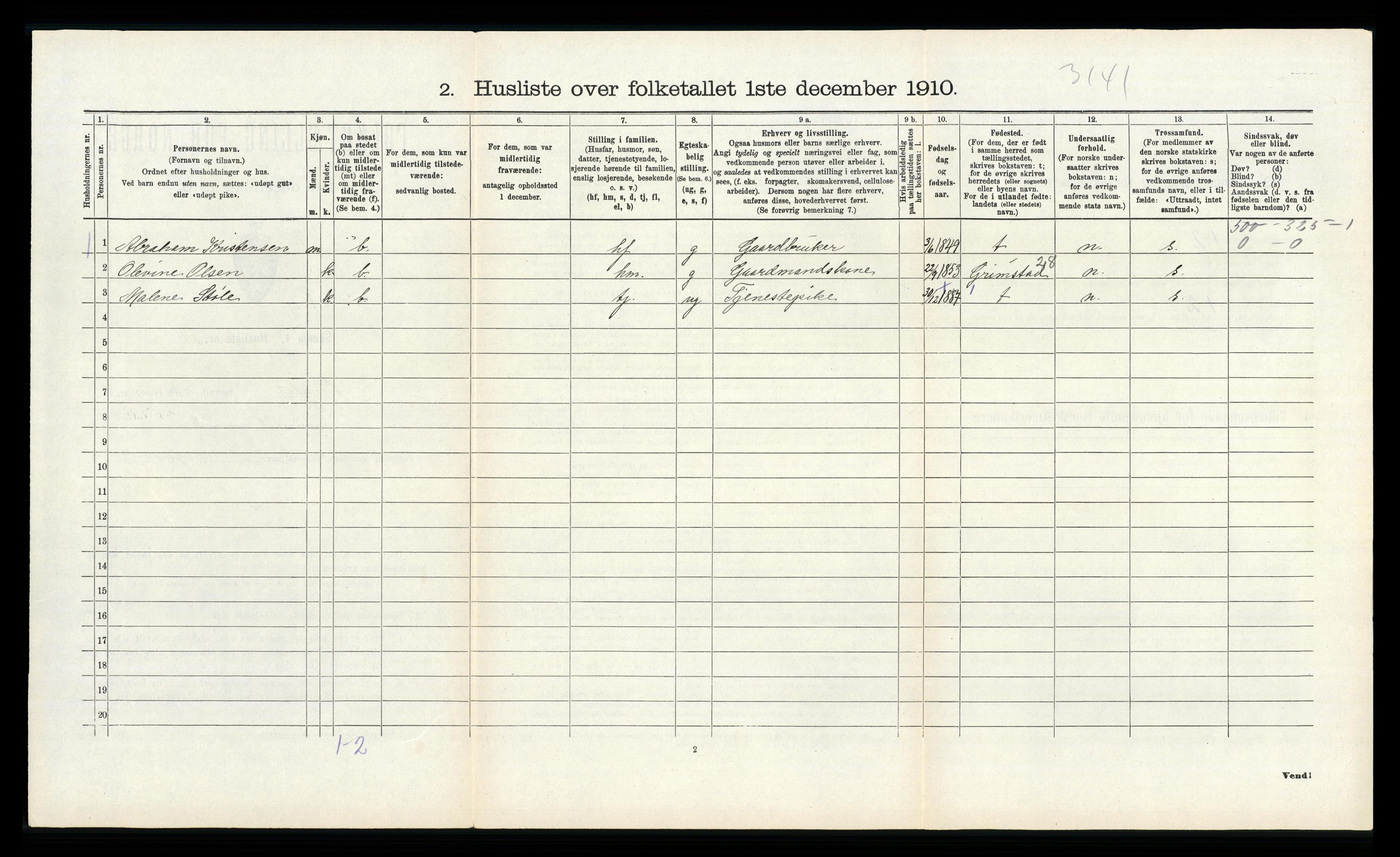 RA, 1910 census for Lyngdal, 1910, p. 853