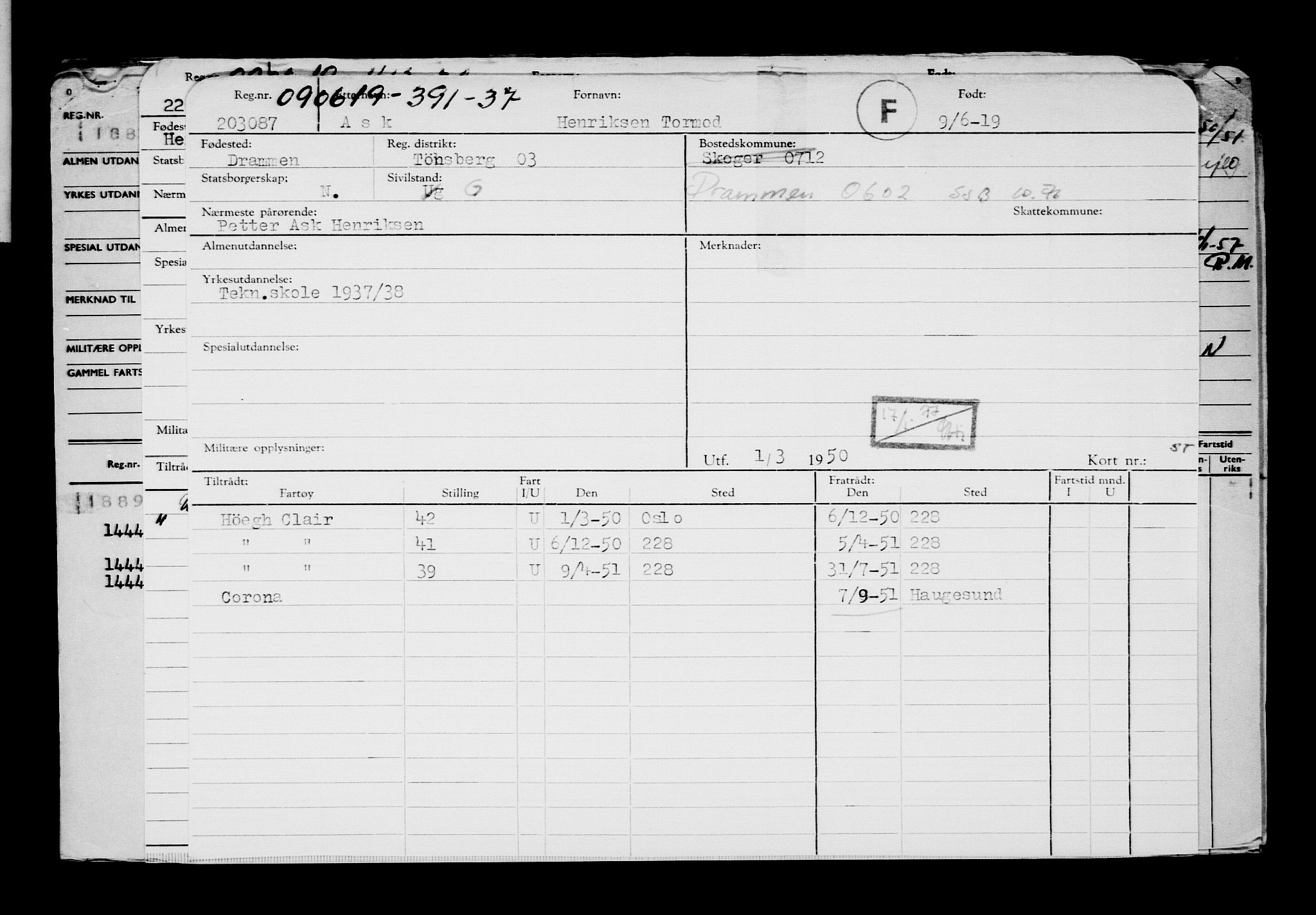 Direktoratet for sjømenn, RA/S-3545/G/Gb/L0169: Hovedkort, 1919, p. 433