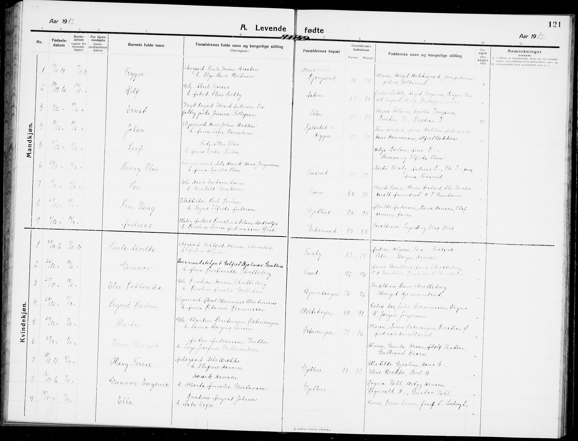 Modum kirkebøker, SAKO/A-234/G/Ga/L0009: Parish register (copy) no. I 9, 1909-1923, p. 121