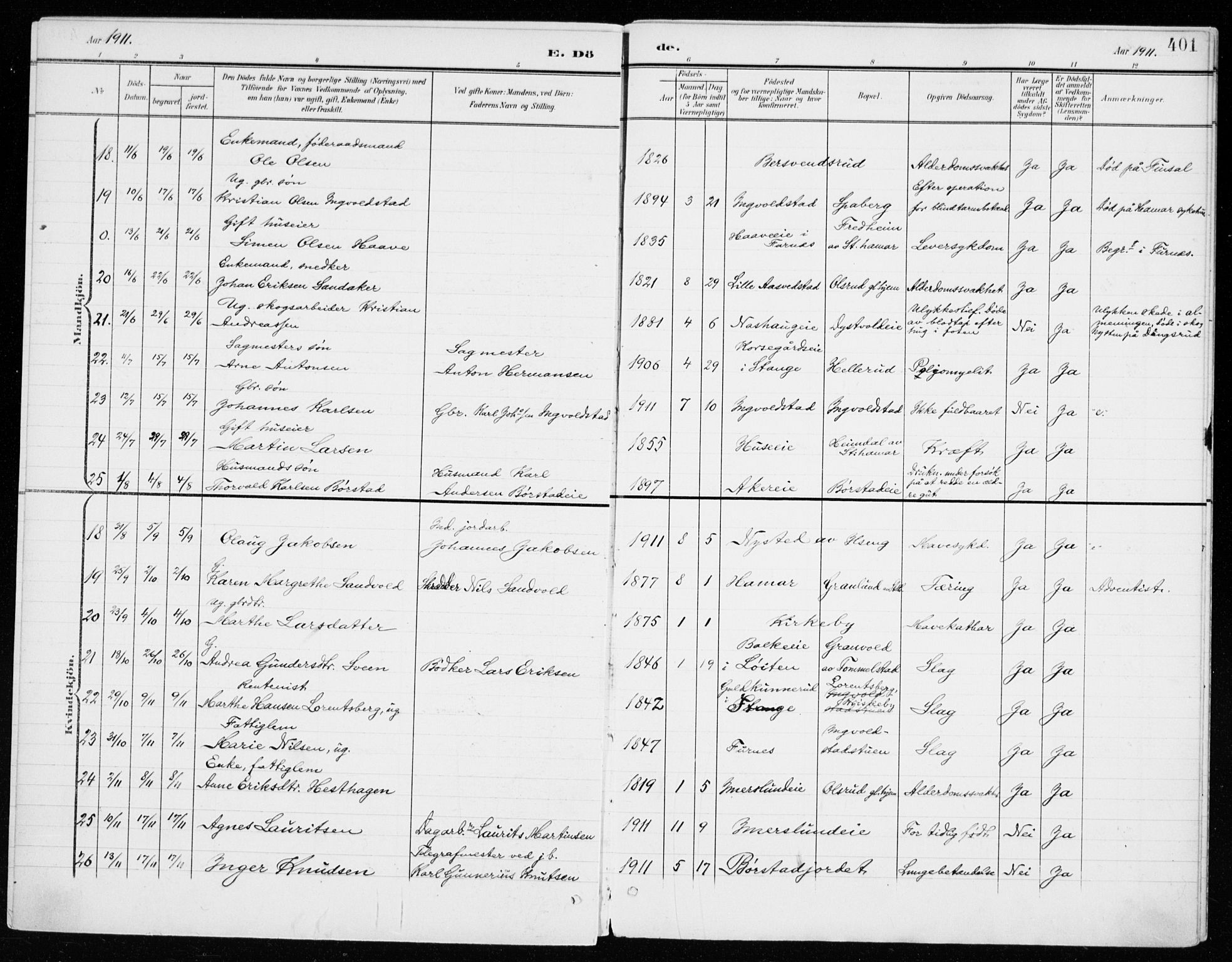 Vang prestekontor, Hedmark, SAH/PREST-008/H/Ha/Haa/L0021: Parish register (official) no. 21, 1902-1917, p. 401