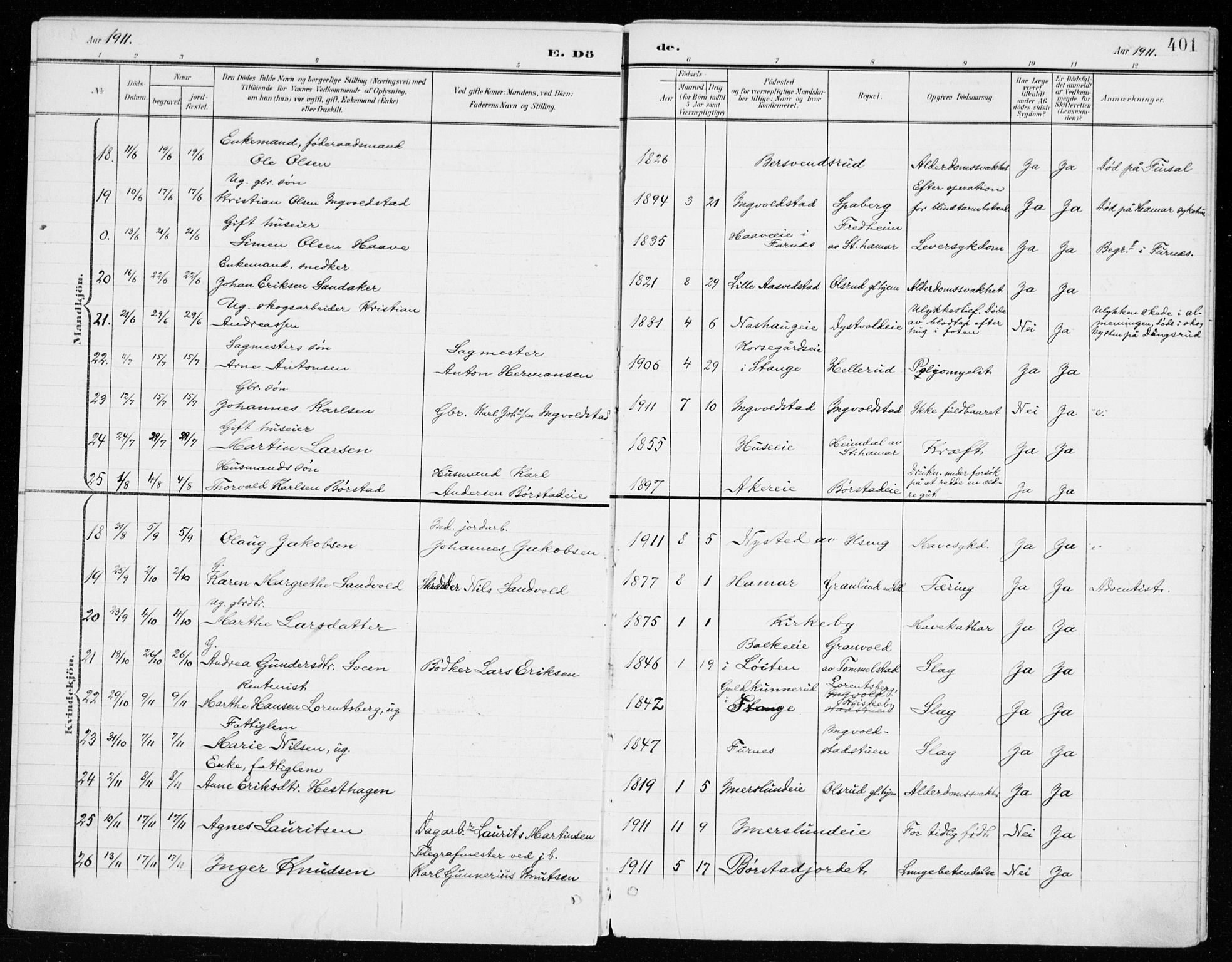Vang prestekontor, Hedmark, AV/SAH-PREST-008/H/Ha/Haa/L0021: Parish register (official) no. 21, 1902-1917, p. 401