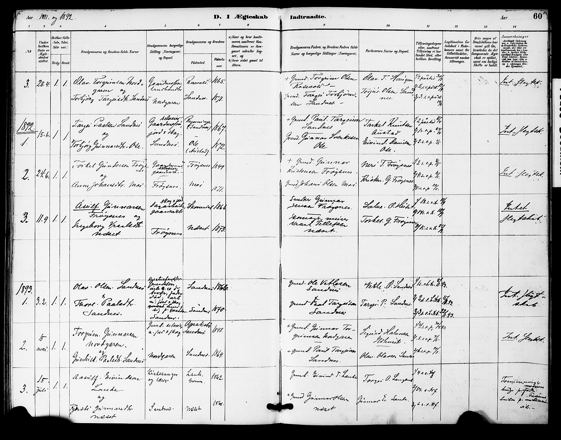 Bygland sokneprestkontor, SAK/1111-0006/F/Fa/Fac/L0001: Parish register (official) no. A 1, 1885-1909, p. 60