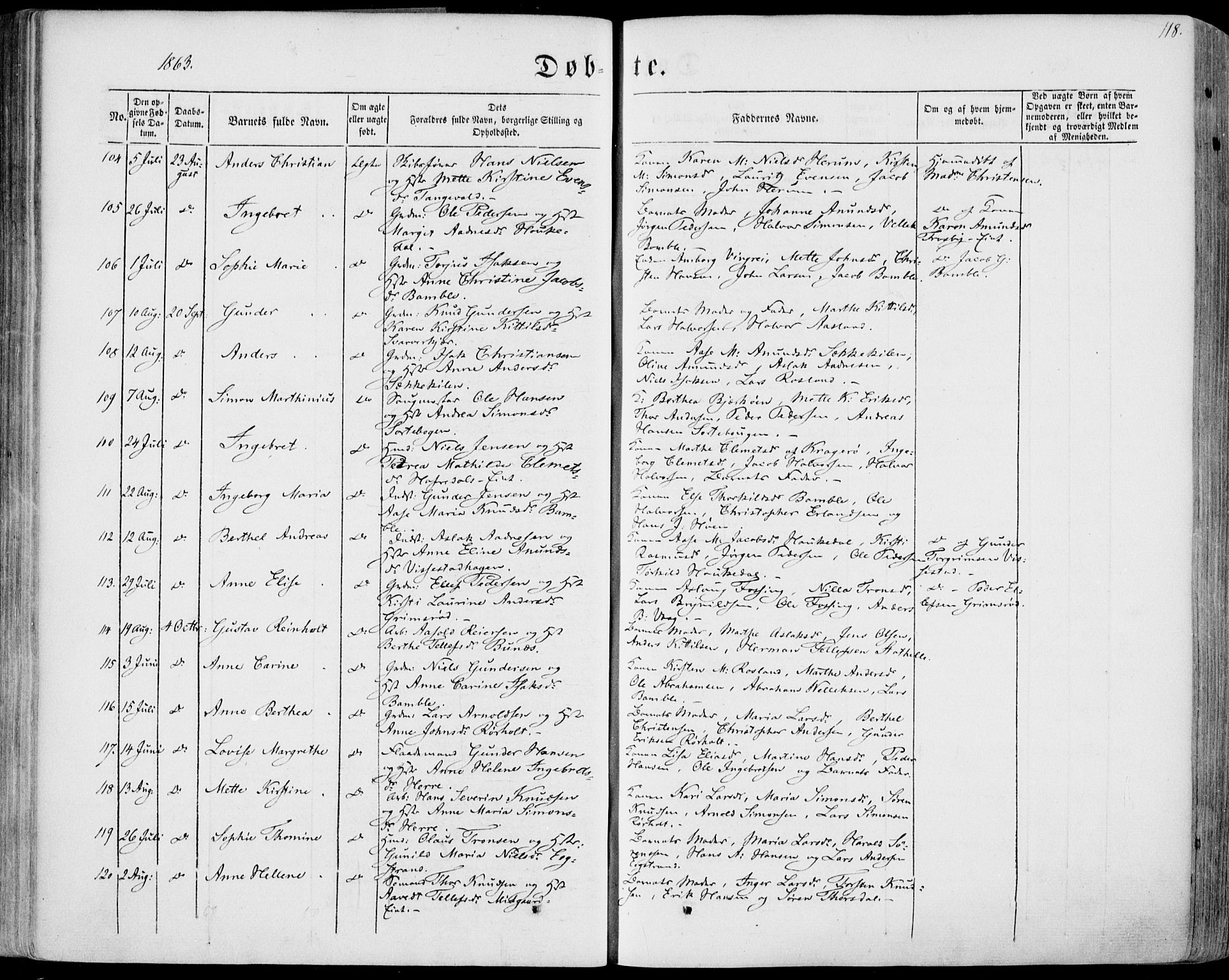 Bamble kirkebøker, SAKO/A-253/F/Fa/L0005: Parish register (official) no. I 5, 1854-1869, p. 118