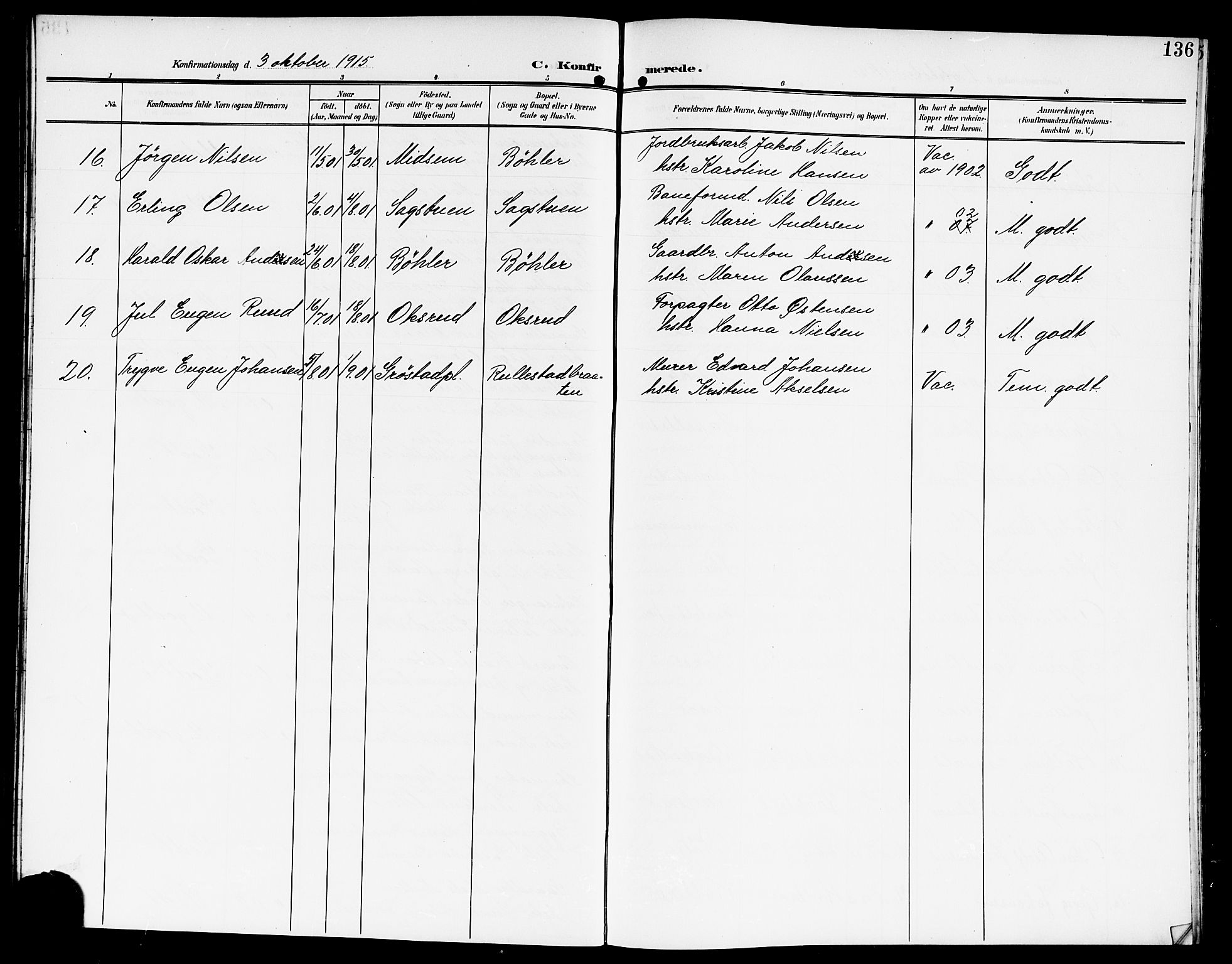 Kråkstad prestekontor Kirkebøker, AV/SAO-A-10125a/G/Gb/L0001: Parish register (copy) no. II 1, 1905-1920, p. 136