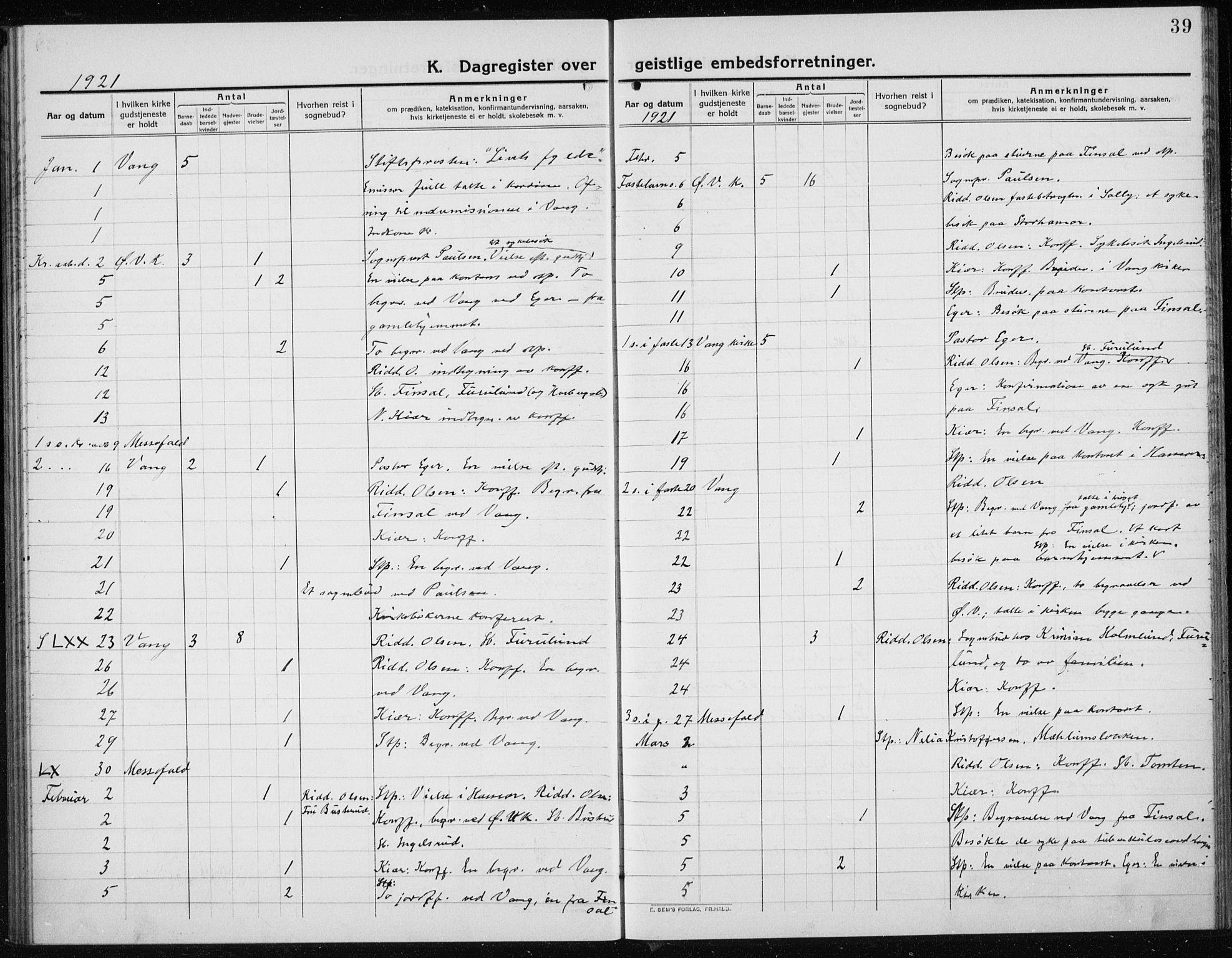 Vang prestekontor, Hedmark, SAH/PREST-008/H/Ha/Haa/L0020: Parish register (official) no. 20, 1911-1926, p. 39