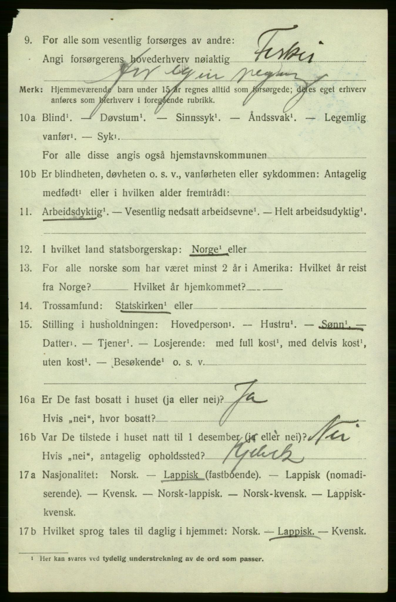 SATØ, 1920 census for Kistrand, 1920, p. 855