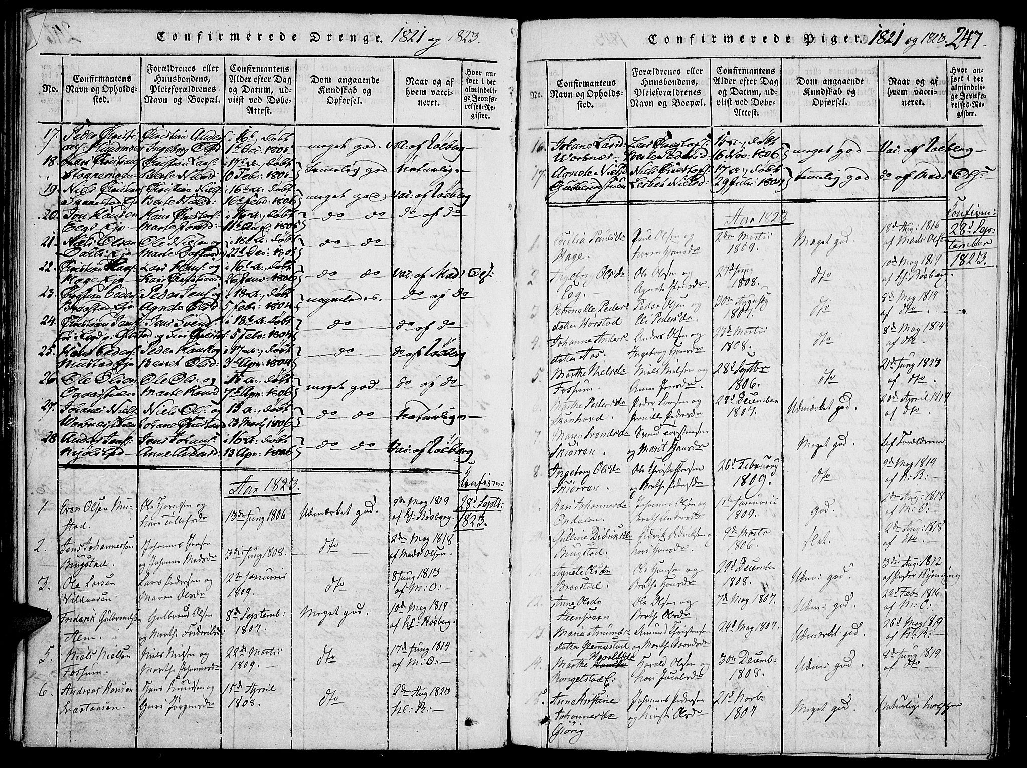 Vardal prestekontor, SAH/PREST-100/H/Ha/Haa/L0004: Parish register (official) no. 4, 1814-1831, p. 247
